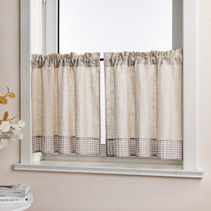 Cafe Curtain with Curtain Tape with Check Pattern in Linen-Look Fabric Set of 2 - Blue, H x W 90 x 60cm