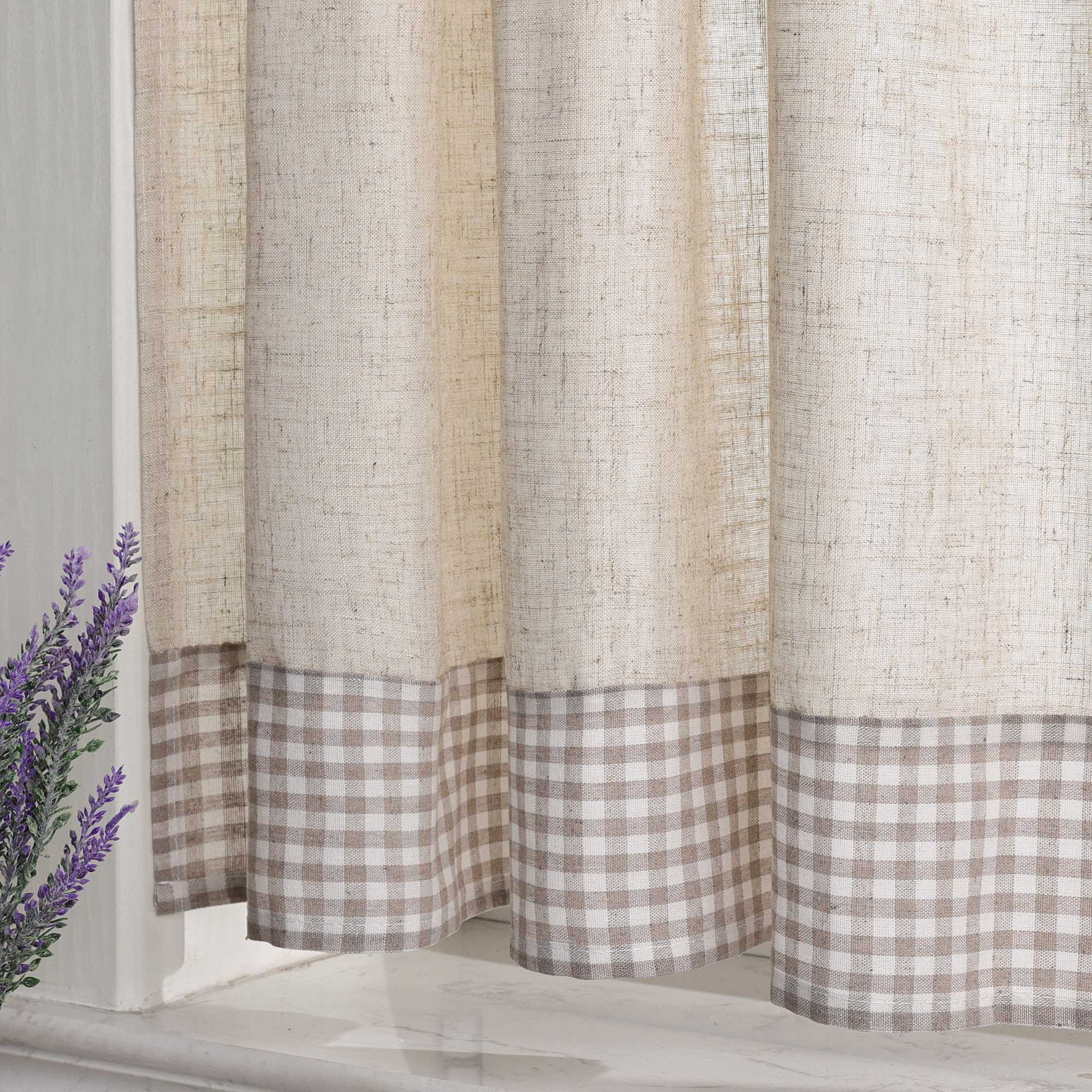 Cafe Curtain with Curtain Tape with Check Pattern in Linen-Look Fabric Set of 2 - Blue, H x W 90 x 90cm