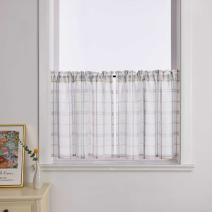 Cafe Curtain with Modern Check Pattern in Linen-Look Fabric Set of 2 - Green, H x W 90 x 110cm