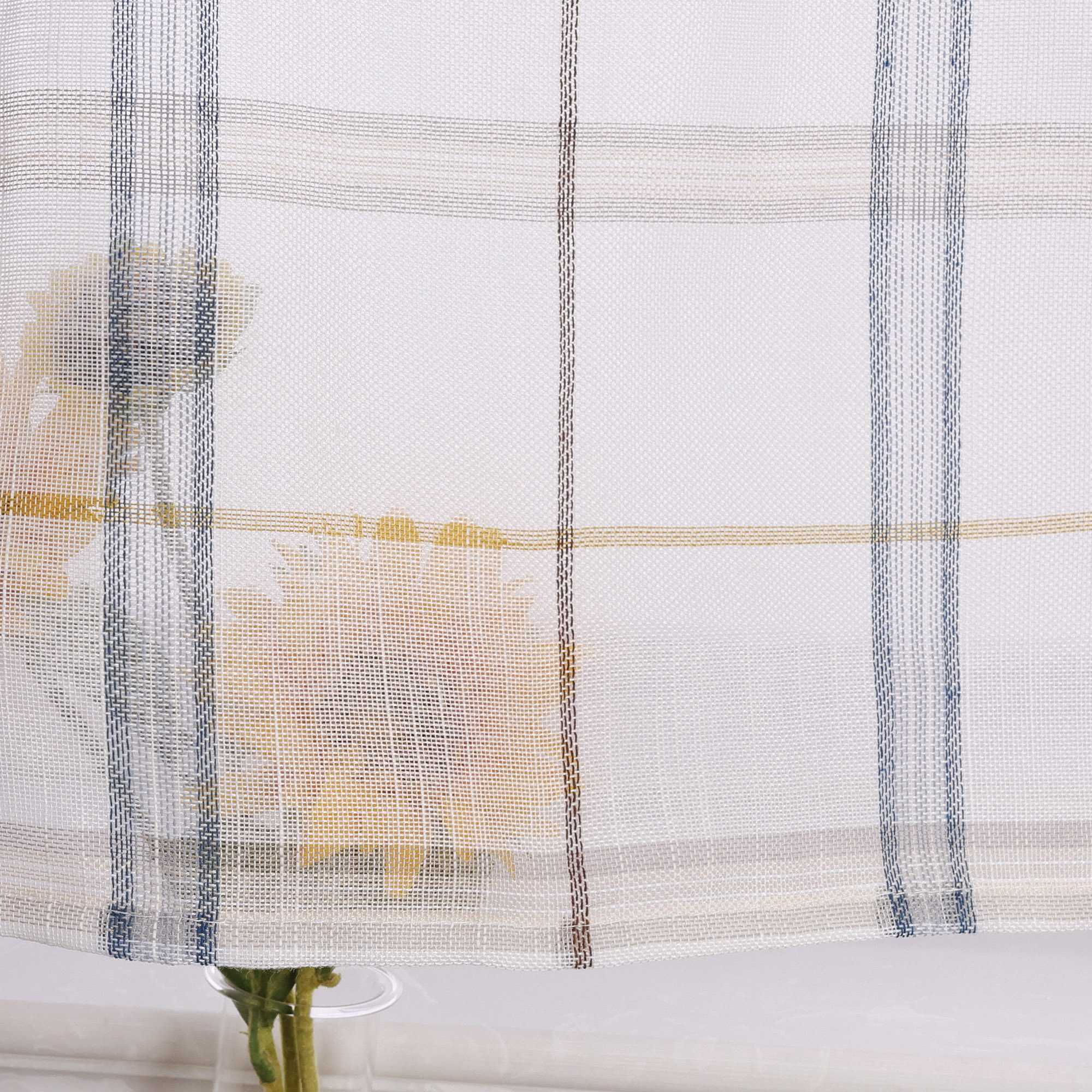 Cafe Curtains in Linen-Look Fabric with Check Pattern Set of 2 - Blue, H x W 120 x 125cm