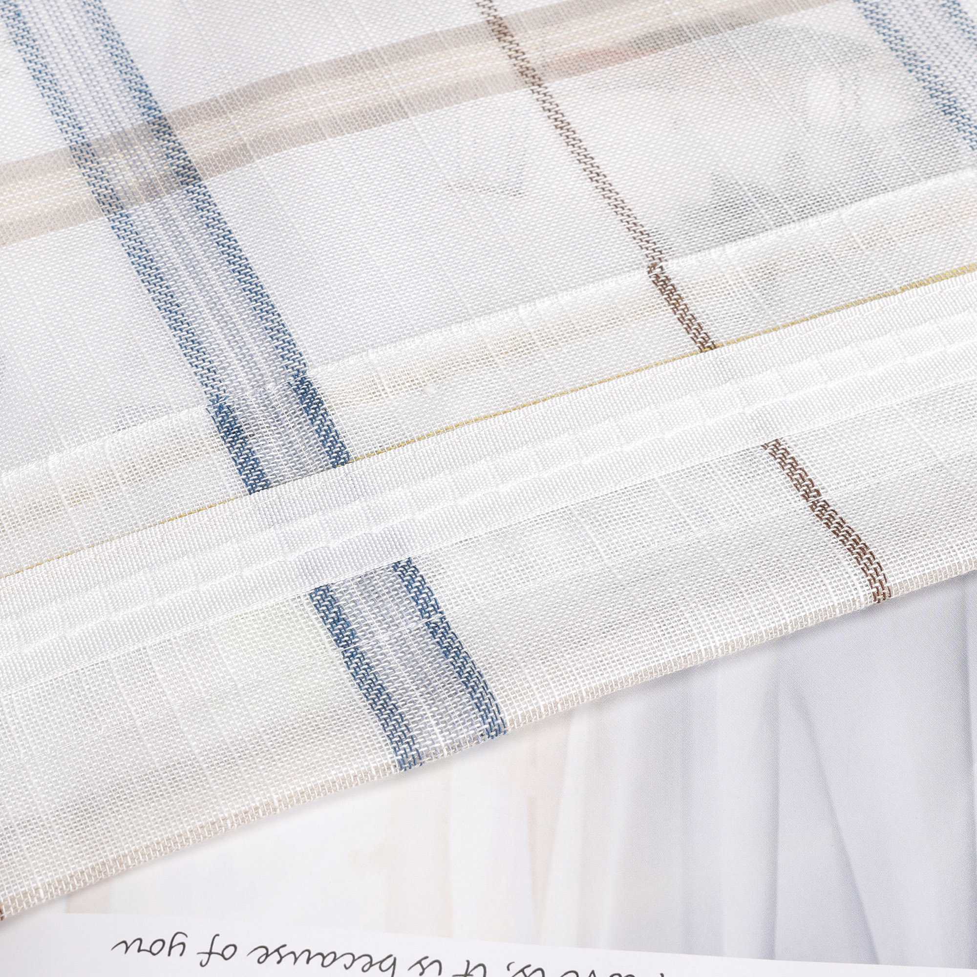 Cafe Curtain with Modern Check Pattern in Linen-Look Fabric Set of 2 - Blue, H x W 60 x 120cm