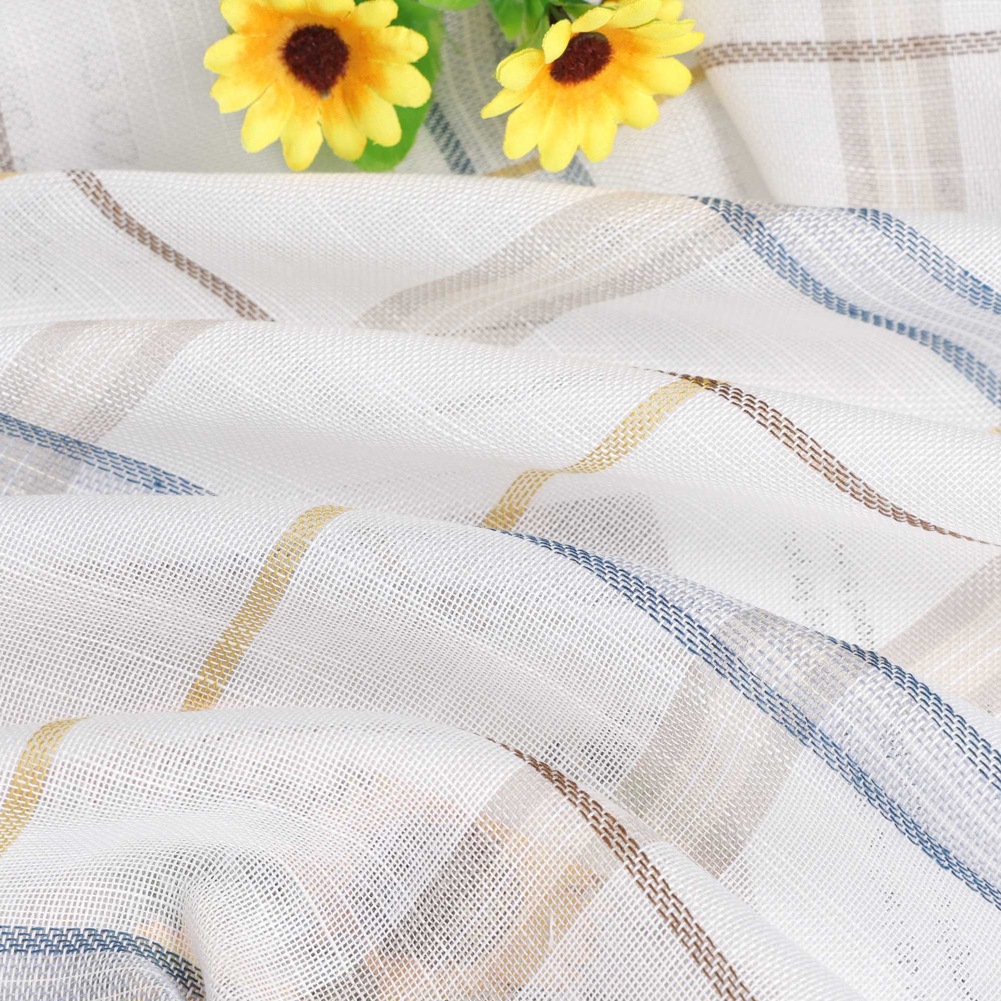 Cafe Curtain with Modern Check Pattern in Linen-Look Fabric Set of 2 - Blue, H x W 60 x 90cm