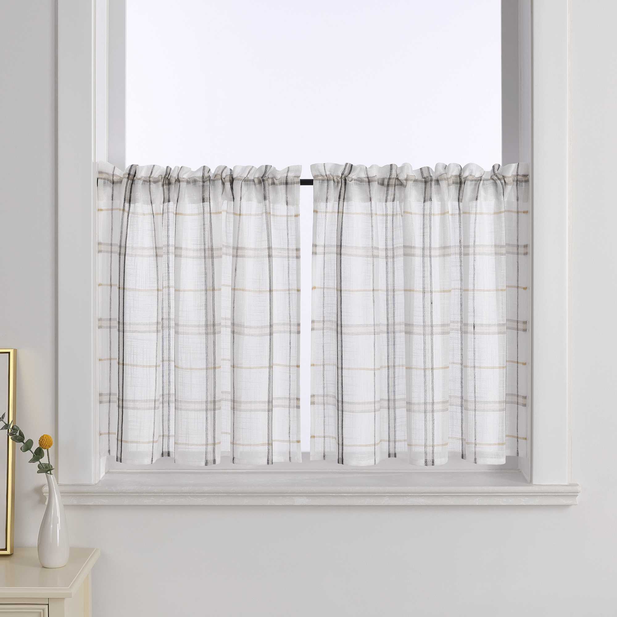 Cafe Curtain with Modern Check Pattern in Linen-Look Fabric Set of 2 - Red, H x W 120 x 125cm