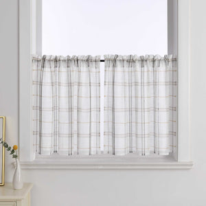 Cafe Curtain with Modern Check Pattern in Linen-Look Fabric Set of 2 - Red, H x W 120 x 125cm