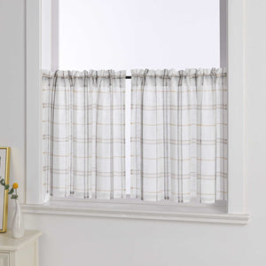 Cafe Curtain with Modern Check Pattern in Linen-Look Fabric Set of 2 - Green, H x W 45 x 90cm