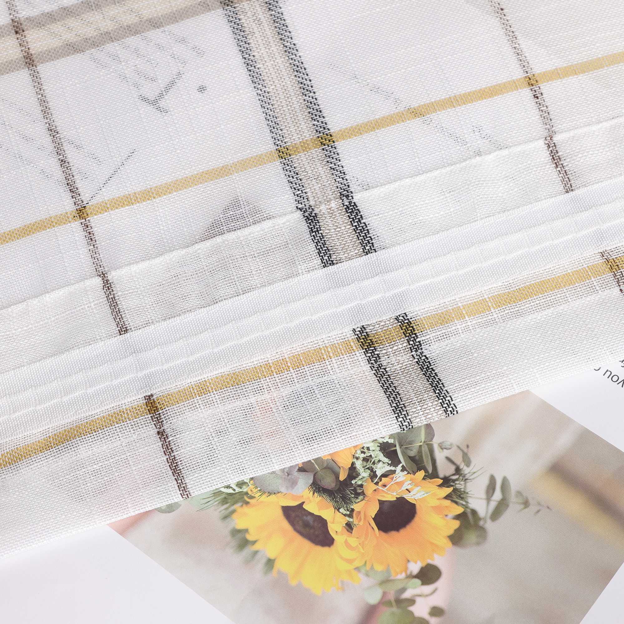Cafe Curtain with Modern Check Pattern in Linen-Look Fabric Set of 2 - Green, H x W 60 x 120cm