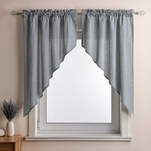 Short Curtains in Valance Style with Check Pattern Set of 2 - Blue, H x W 90 x 110cm