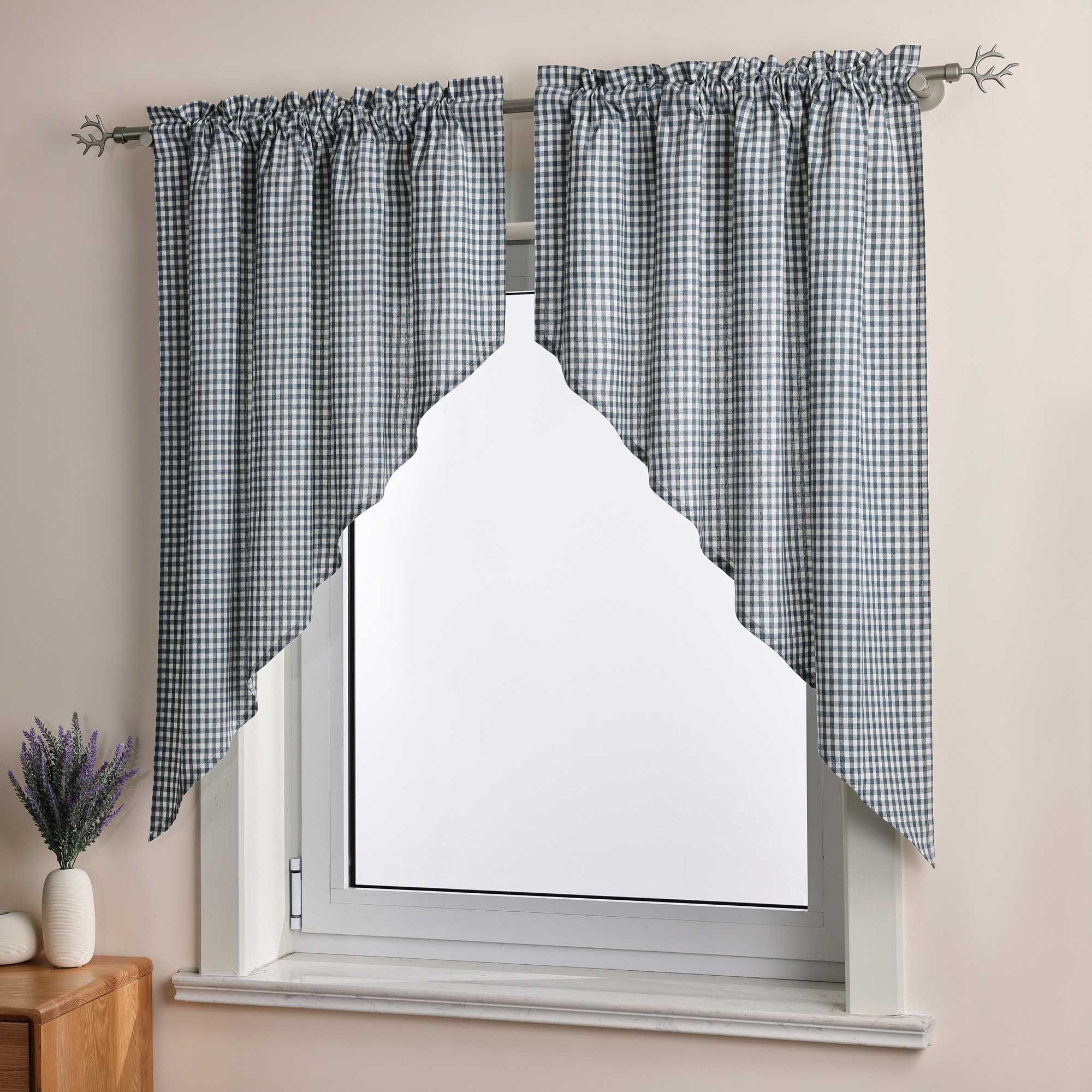 Short Curtains in Valance Style with Check Pattern Set of 2 - Blue, H x W 120 x 125cm