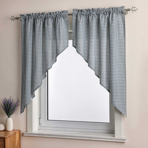Short Curtains in Valance Style with Check Pattern Set of 2 - Blue, H x W 120 x 125cm
