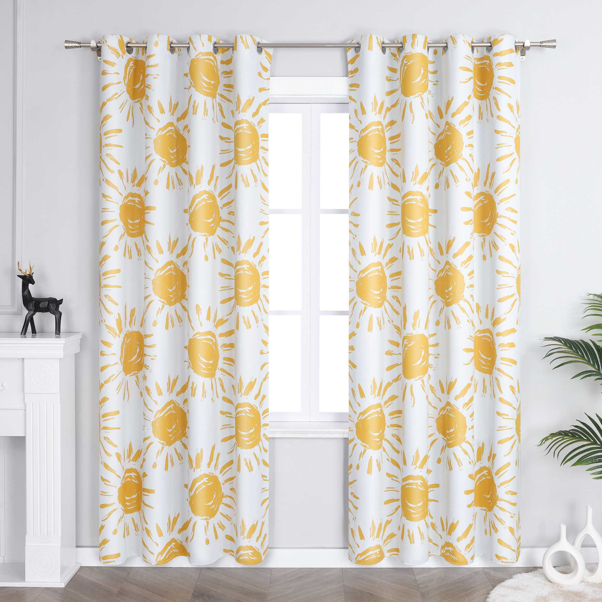 Blackout Grommet Curtain Opaque Thermal with Sun Motifs Yellow 1 Piece - Yellow, H x W 214 x 132 cm