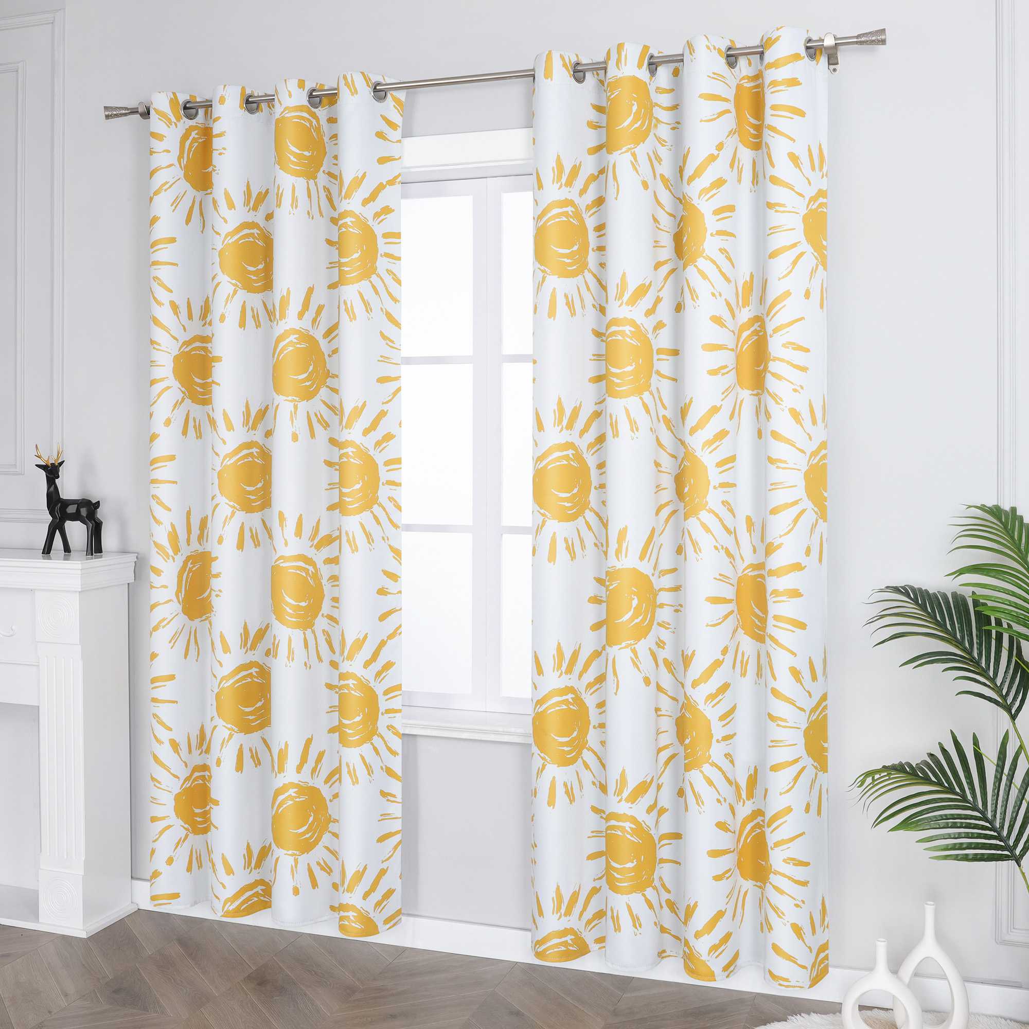 Blackout Grommet Curtain Opaque Thermal with Sun Motifs Yellow 1 Piece - Yellow, H x W 244 x 132 cm