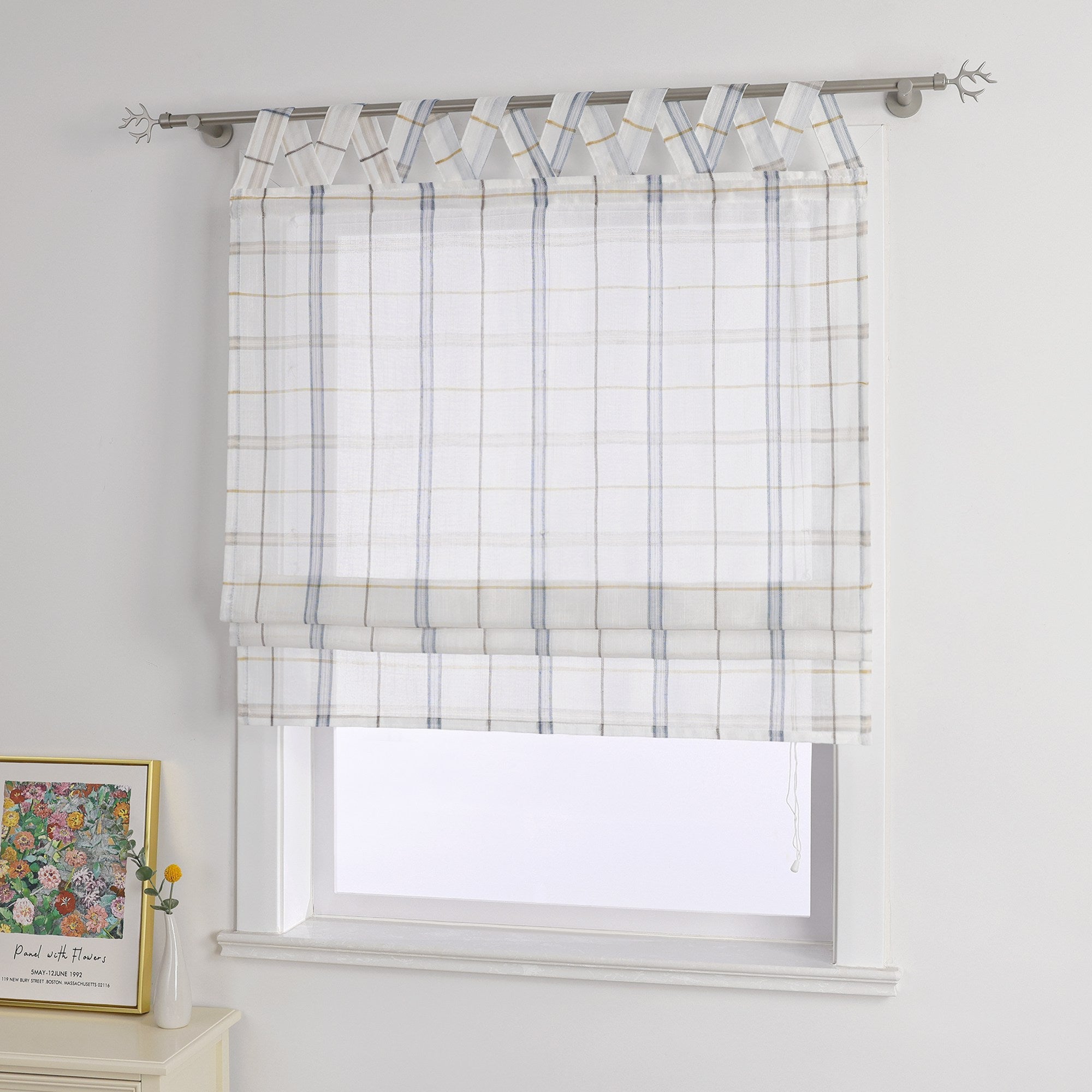 Roman Shade with V-Shaped Tab Tops in Linen-Look Fabric with Check Pattern - Gray, W x H 80 x 140cm