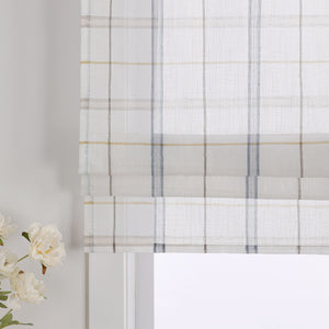 Roman Shade with V-Shaped Tab Tops in Linen-Look Fabric with Check Pattern - Gray, W x H 100 x 140cm