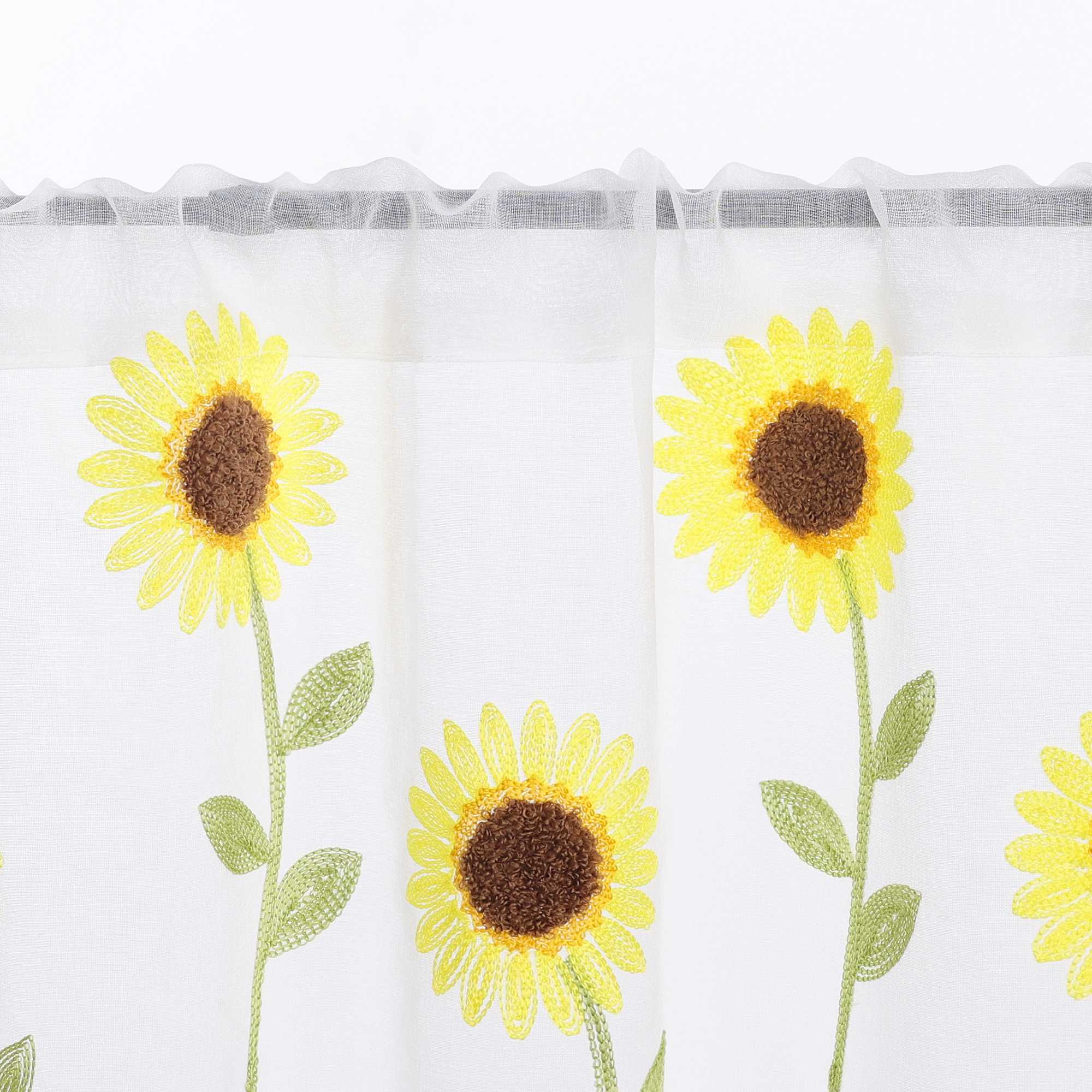 Cafe Curtain with Rod Pocket with Sunflower Embroidery - White, H x W 60 x 120cm