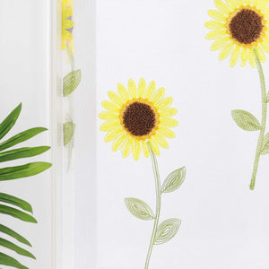 Cafe Curtain with Rod Pocket with Sunflower Embroidery - White, H x W 45 x 90cm