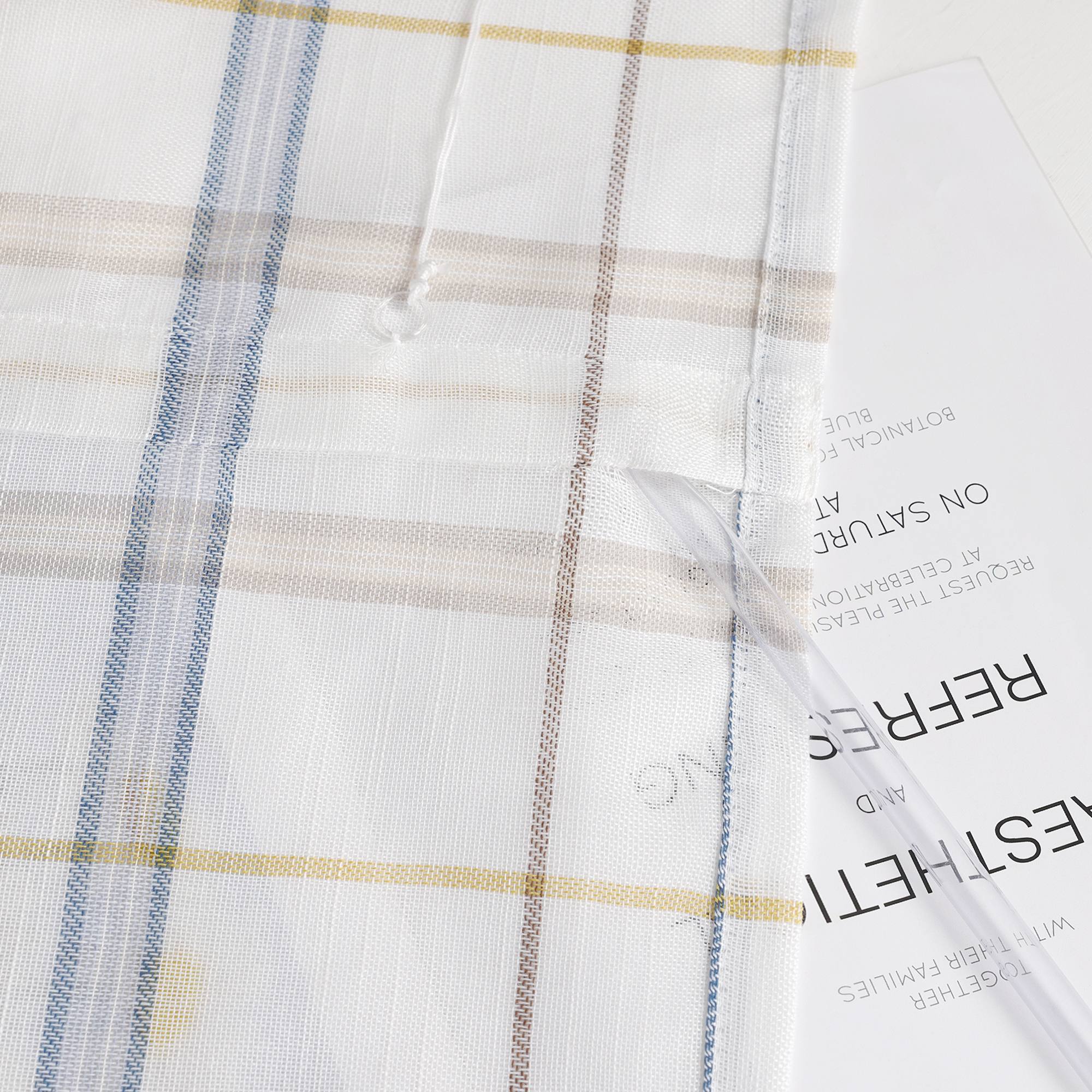 Roman Shade with V-Shaped Tab Tops in Linen-Look Fabric with Check Pattern