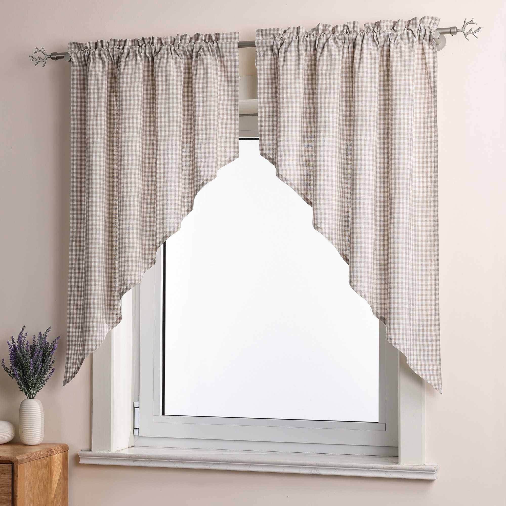 Short Curtains in Valance Style with Check Pattern Set of 2 - Brown, H x W 80 x 80cm