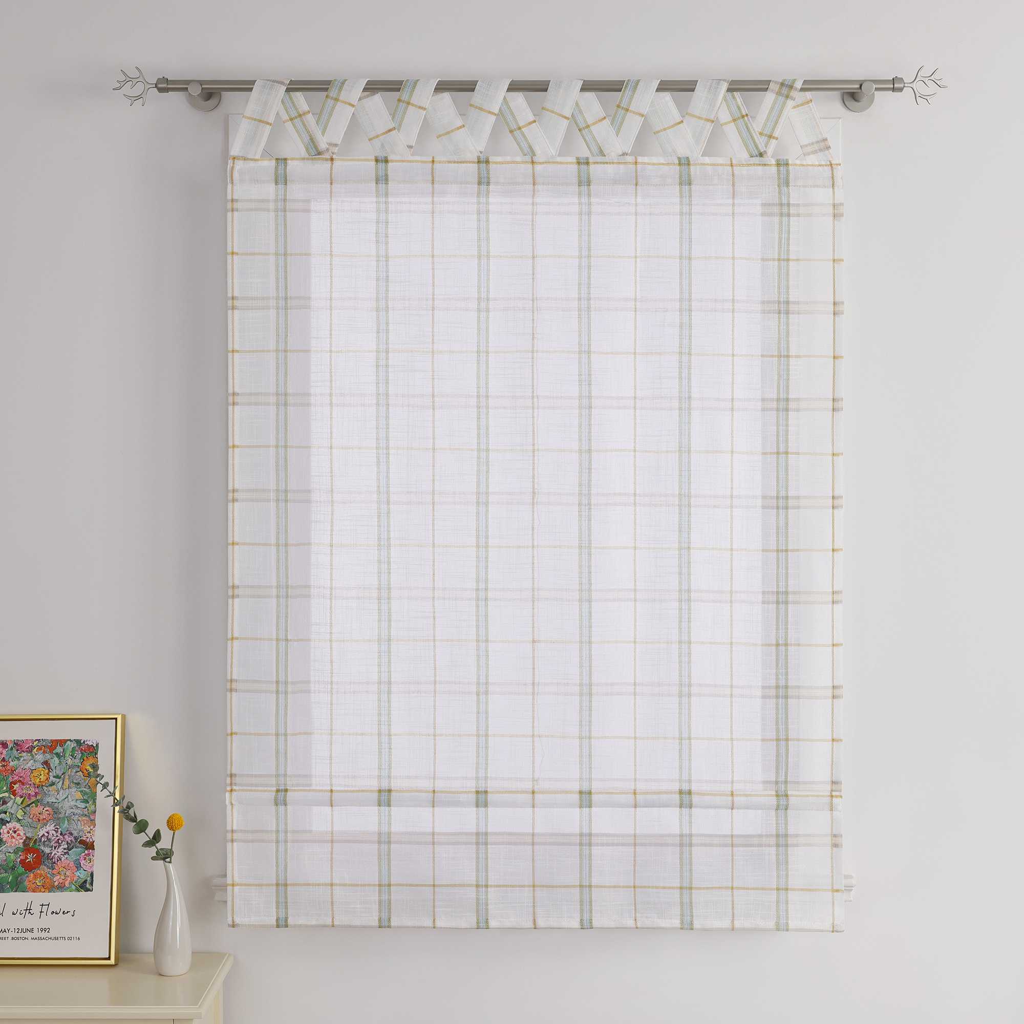 Roman Shade with V-Shaped Tab Tops in Linen-Look Fabric with Check Pattern