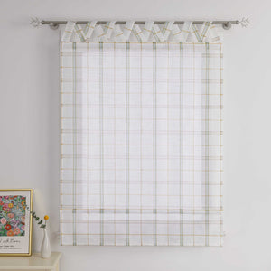 Roman Shade with V-Shaped Tab Tops in Linen-Look Fabric with Check Pattern
