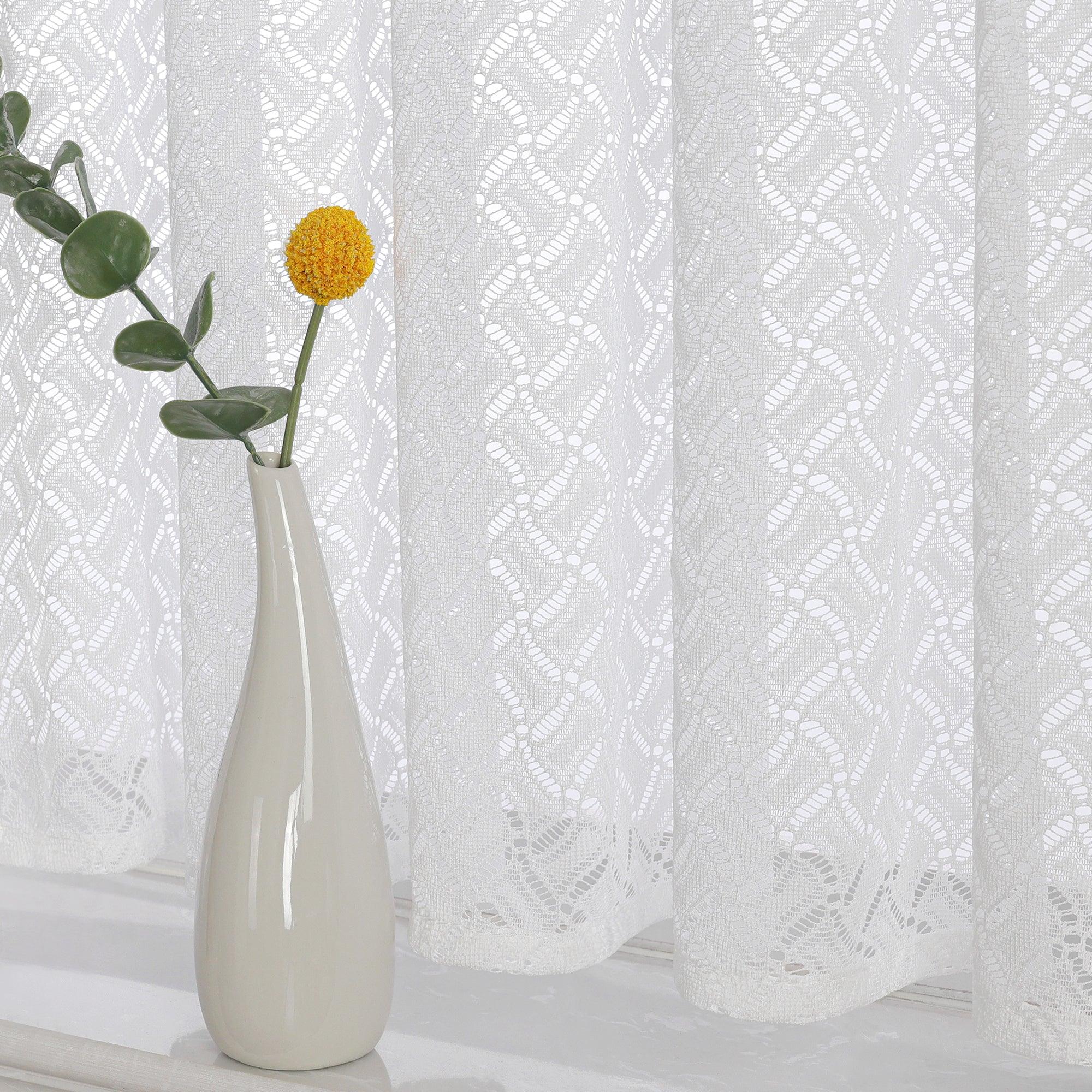 Set of 2 Jacquard Cafe Curtains with Rod Pocket Short White - White, W x H 90 x 60cm