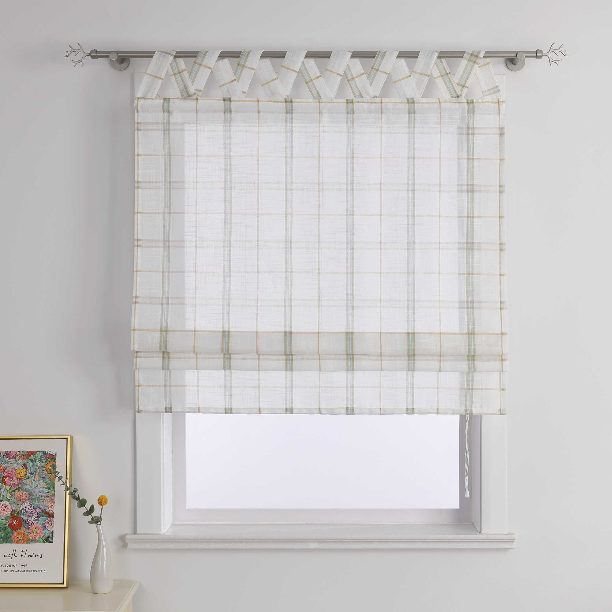 Roman Shade with V-Shaped Tab Tops in Linen-Look Fabric with Check Pattern