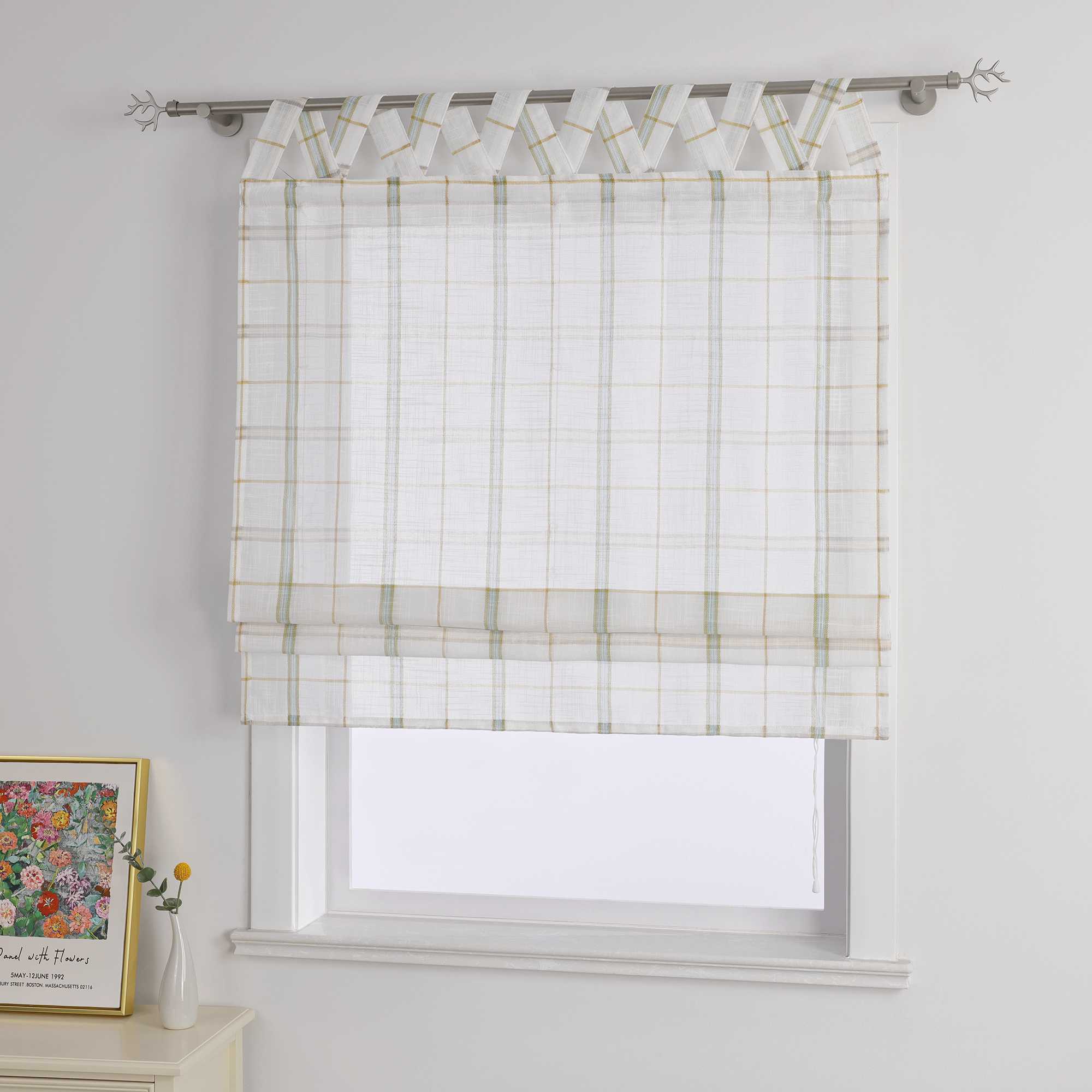 Roman Shade with V-Shaped Tab Tops in Linen-Look Fabric with Check Pattern