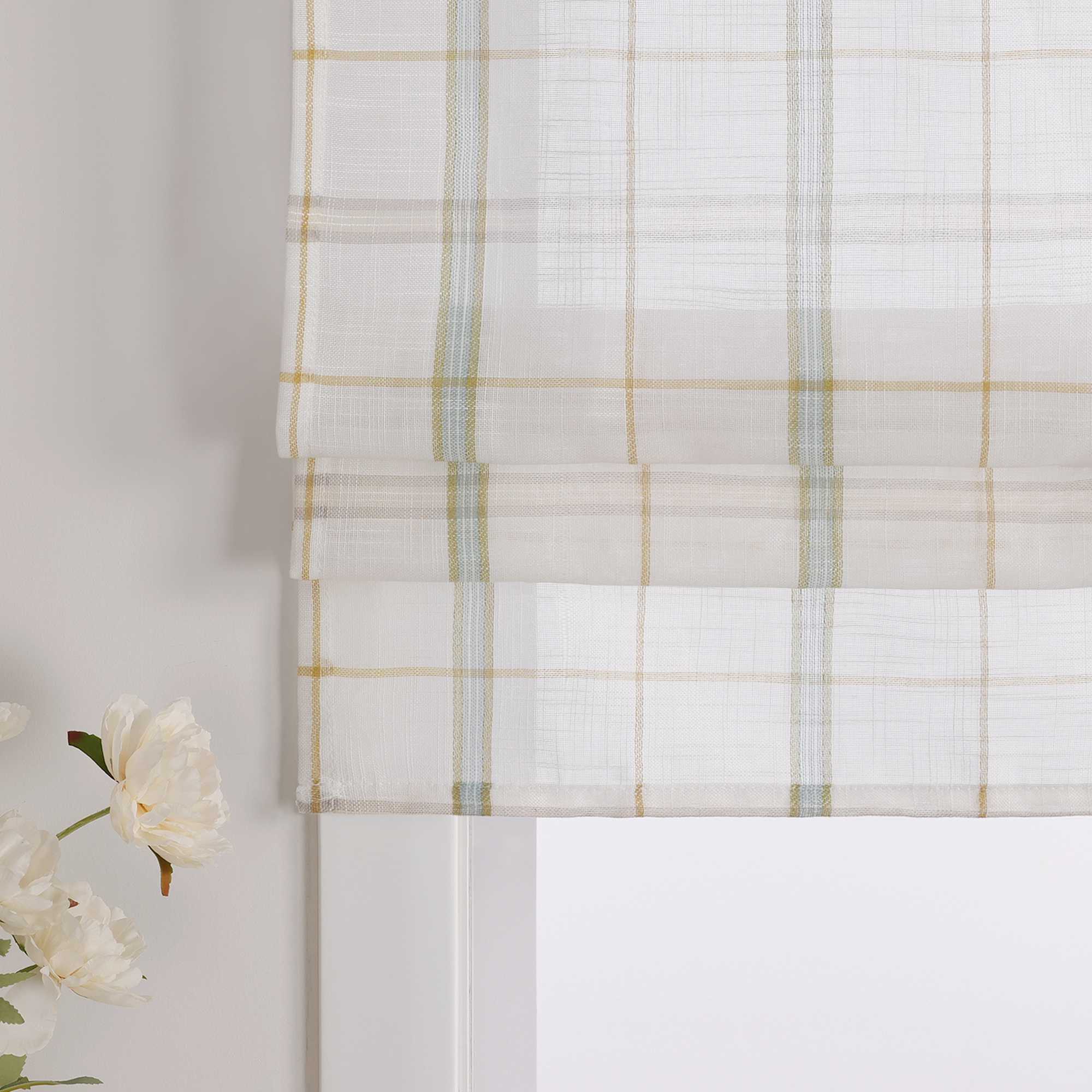 Roman Shade in Linen-Look Fabric Country Style Checked Semi-Sheer