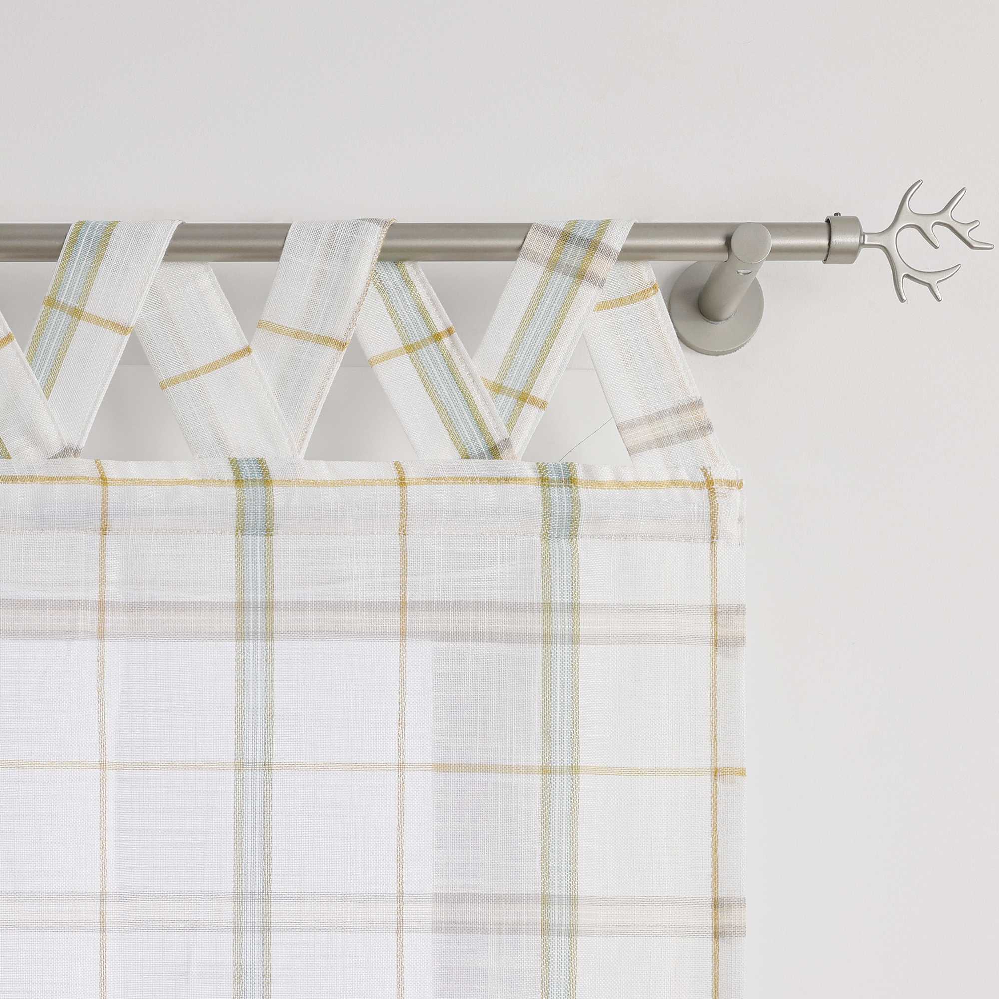 Roman Shade with V-Shaped Tab Tops in Linen-Look Fabric with Check Pattern