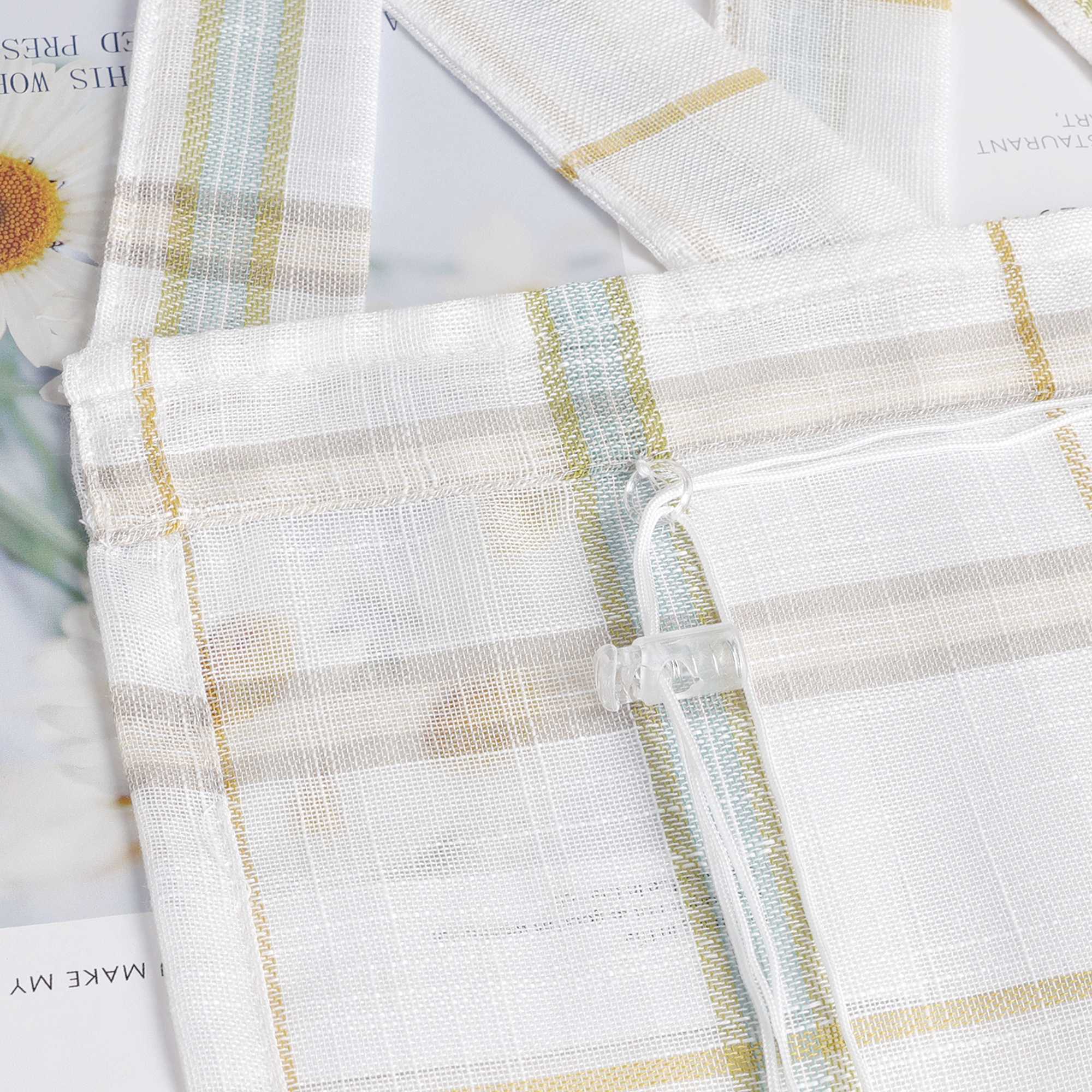 Roman Shade with V-Shaped Tab Tops in Linen-Look Fabric with Check Pattern