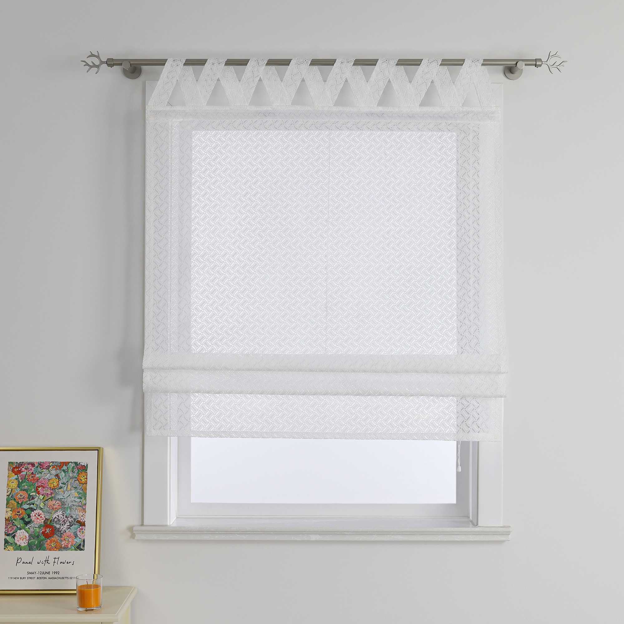 Roman Shade with V-Shaped Tab Tops with Openwork Patterns Jacquard Sheer - White, W x H 60 x 140cm