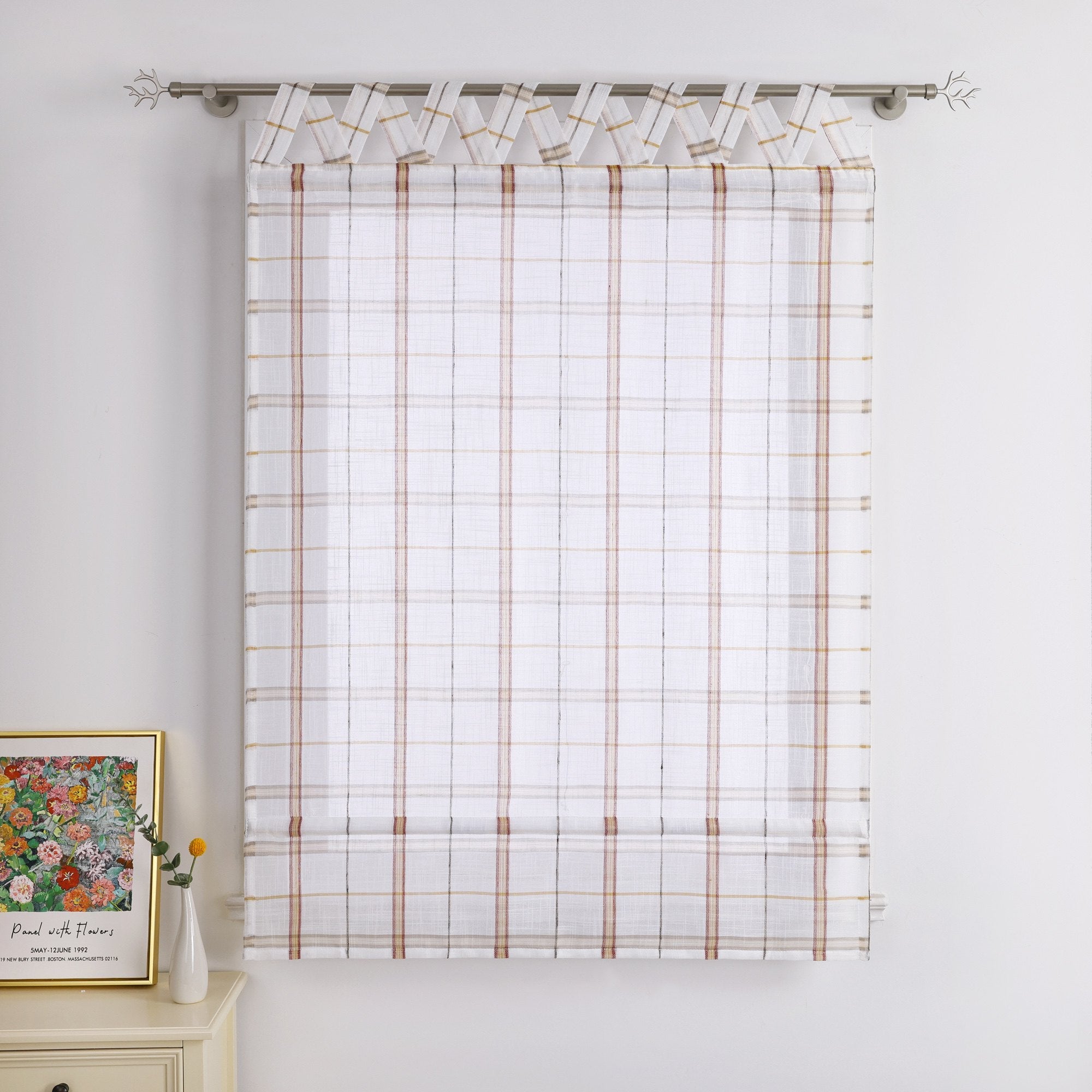 Roman Shade with V-Shaped Tab Tops in Linen-Look Fabric with Check Pattern - Red, W x H 80 x 140cm
