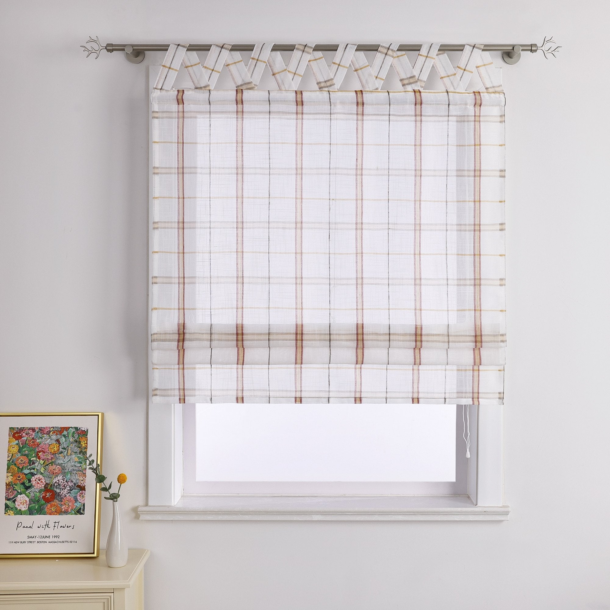 Roman Shade with V-Shaped Tab Tops in Linen-Look Fabric with Check Pattern - Red, W x H 60 x 140cm