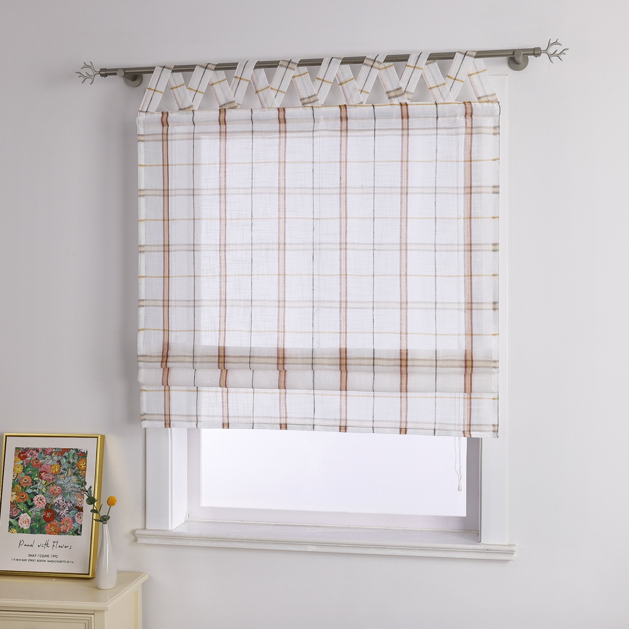 Roman Shade with V-Shaped Tab Tops in Linen-Look Fabric with Check Pattern - Red, W x H 100 x 140cm