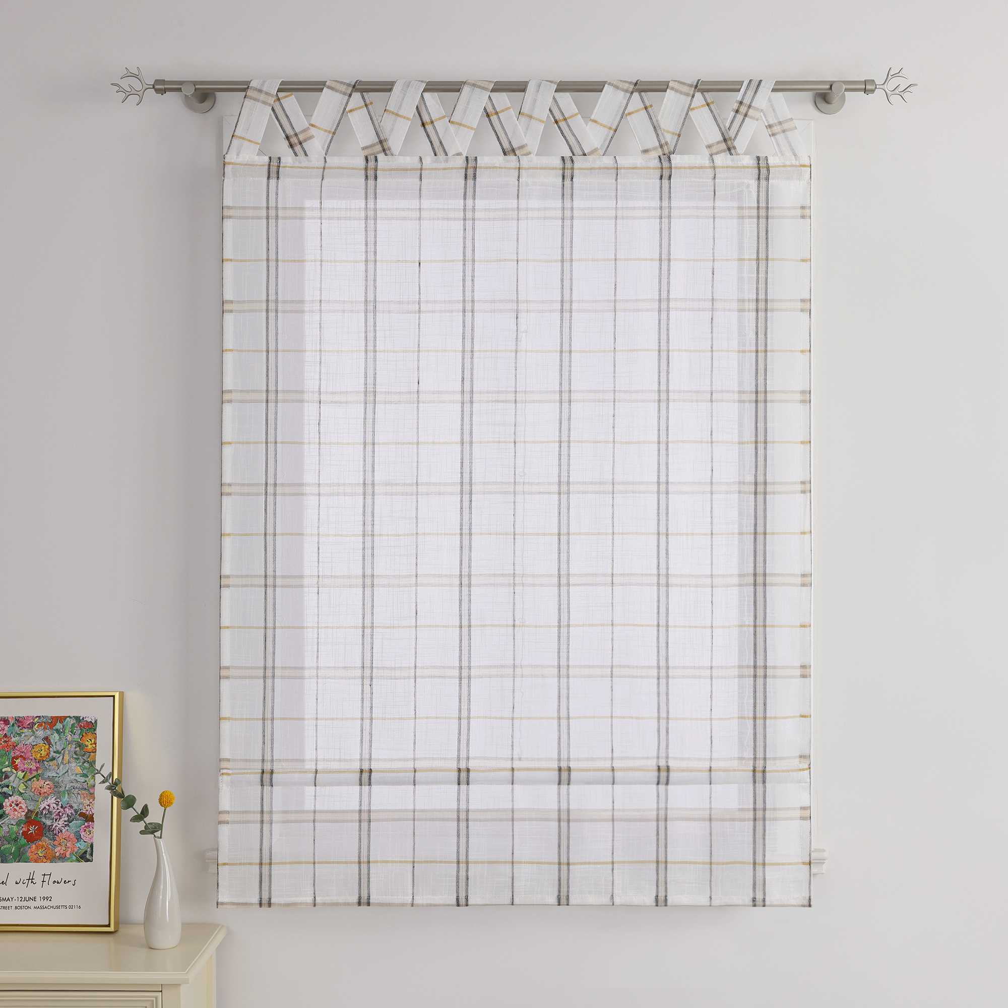 Roman Shade with V-Shaped Tab Tops in Linen-Look Fabric with Check Pattern - Green, W x H 100 x 140cm