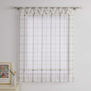 Roman Shade with V-Shaped Tab Tops in Linen-Look Fabric with Check Pattern - Green, W x H 100 x 140cm