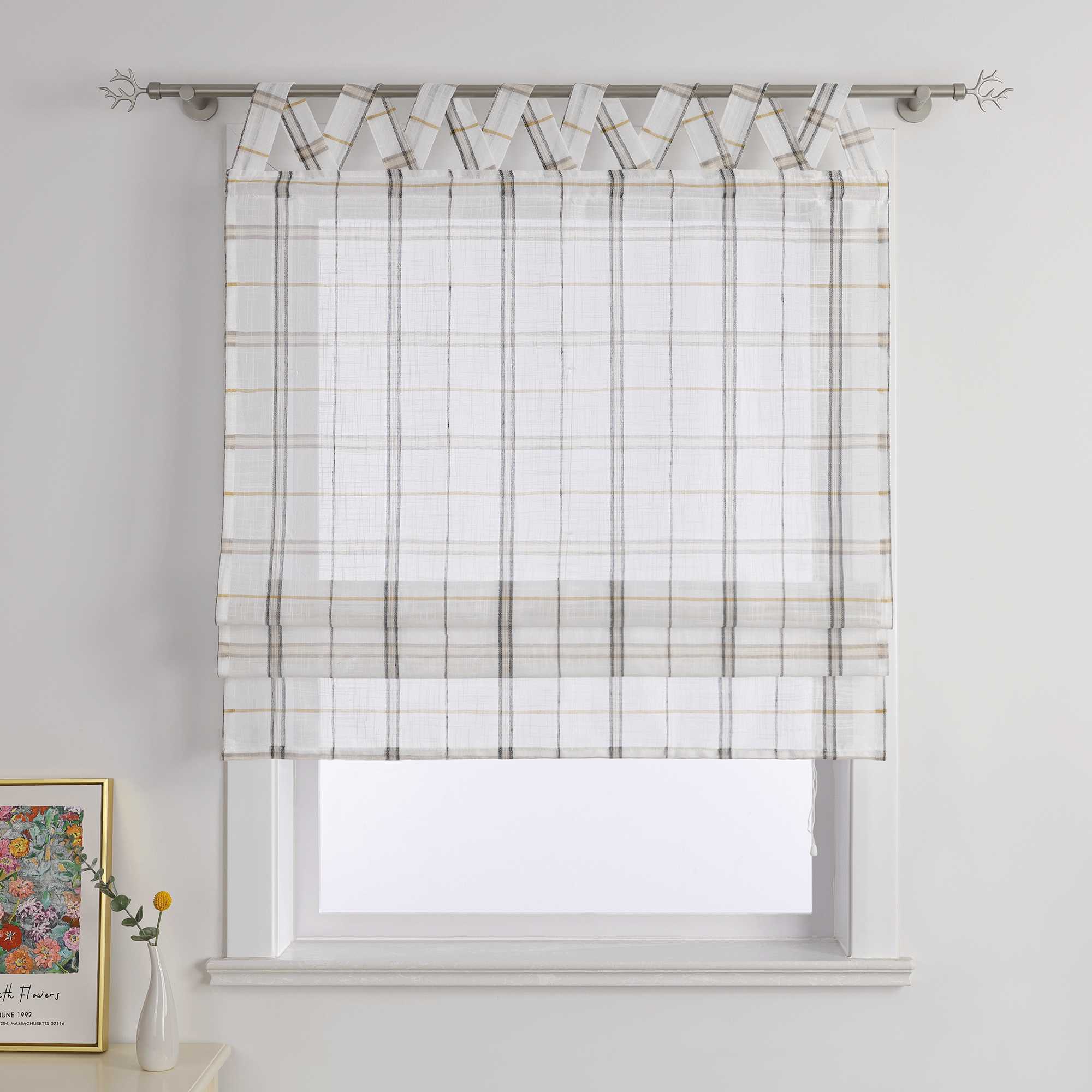 Roman Shade with V-Shaped Tab Tops in Linen-Look Fabric with Check Pattern - Green, W x H 120 x 140cm
