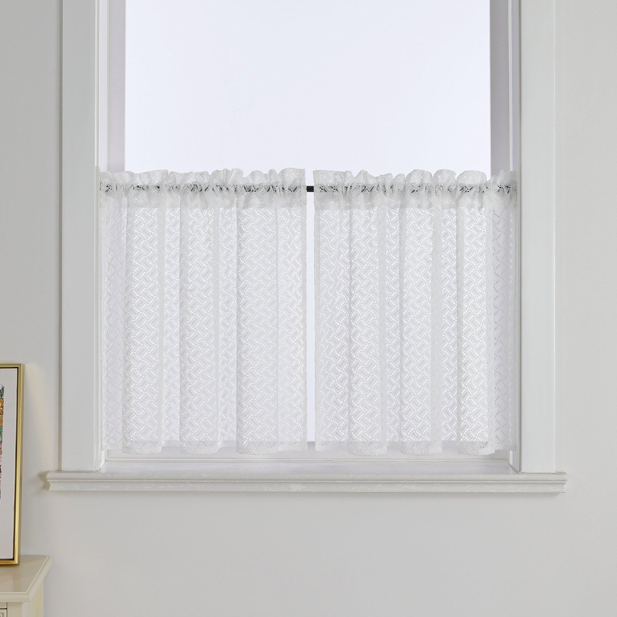 Set of 2 Jacquard Cafe Curtains with Rod Pocket Short White - White, W x H 120 x 45cm