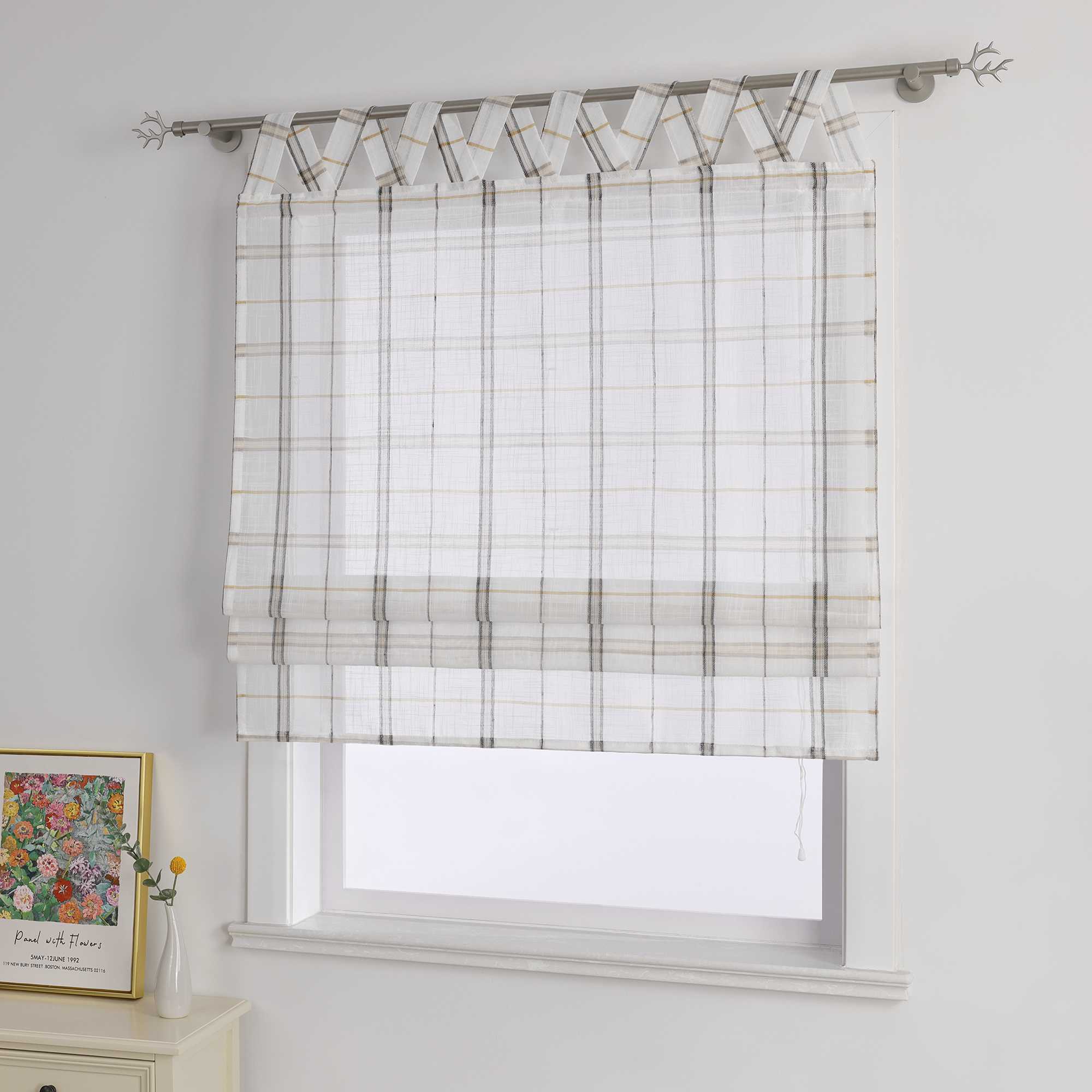 Roman Shade with V-Shaped Tab Tops in Linen-Look Fabric with Check Pattern - Green, W x H 140 x 140cm