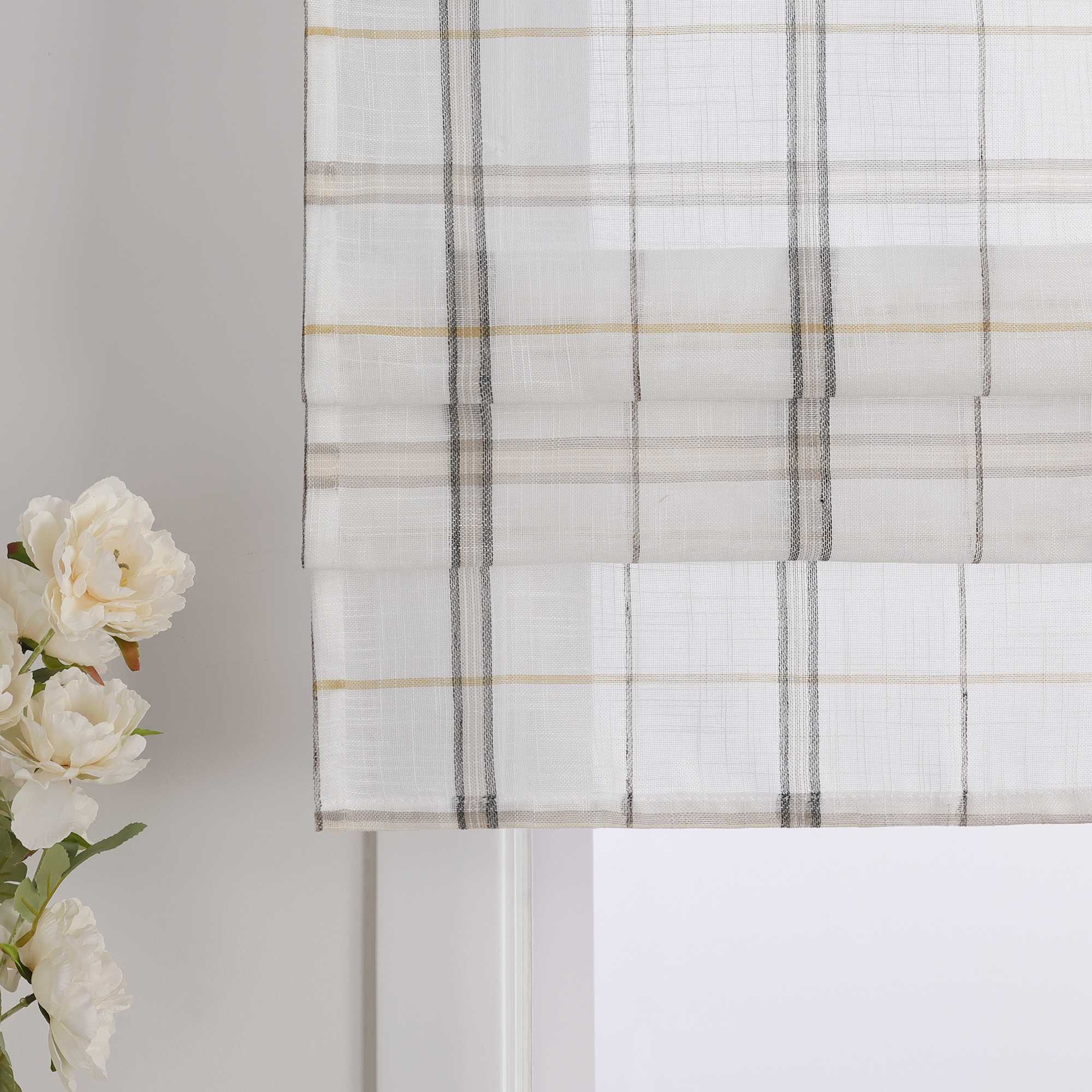 Roman Shade with V-Shaped Tab Tops in Linen-Look Fabric with Check Pattern - Blue, W x H 80 x 140cm