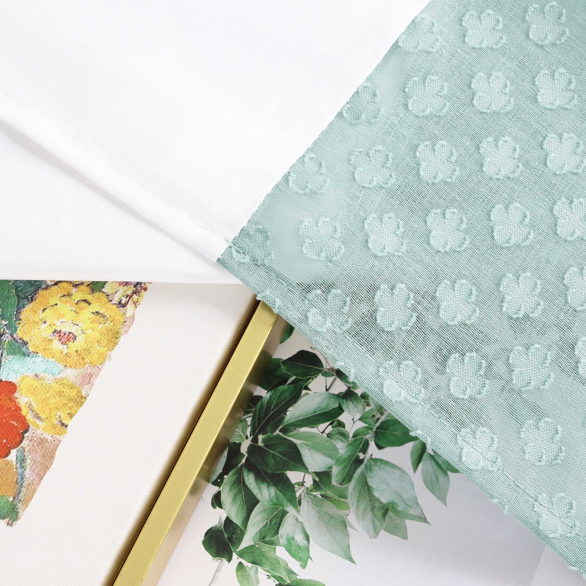 Cafe Curtain in Patchwork Style with Clover Pattern, 2 Pieces, with Rod-Pocket Design - Green, H x W 90 x 110cm