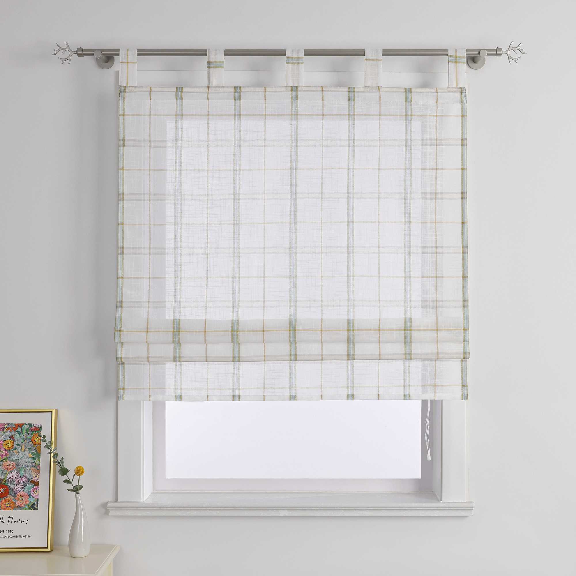 Roman Shade in Linen-Look Fabric Country Style Checked Semi-Sheer - Red, W x H 100 x 140 cm