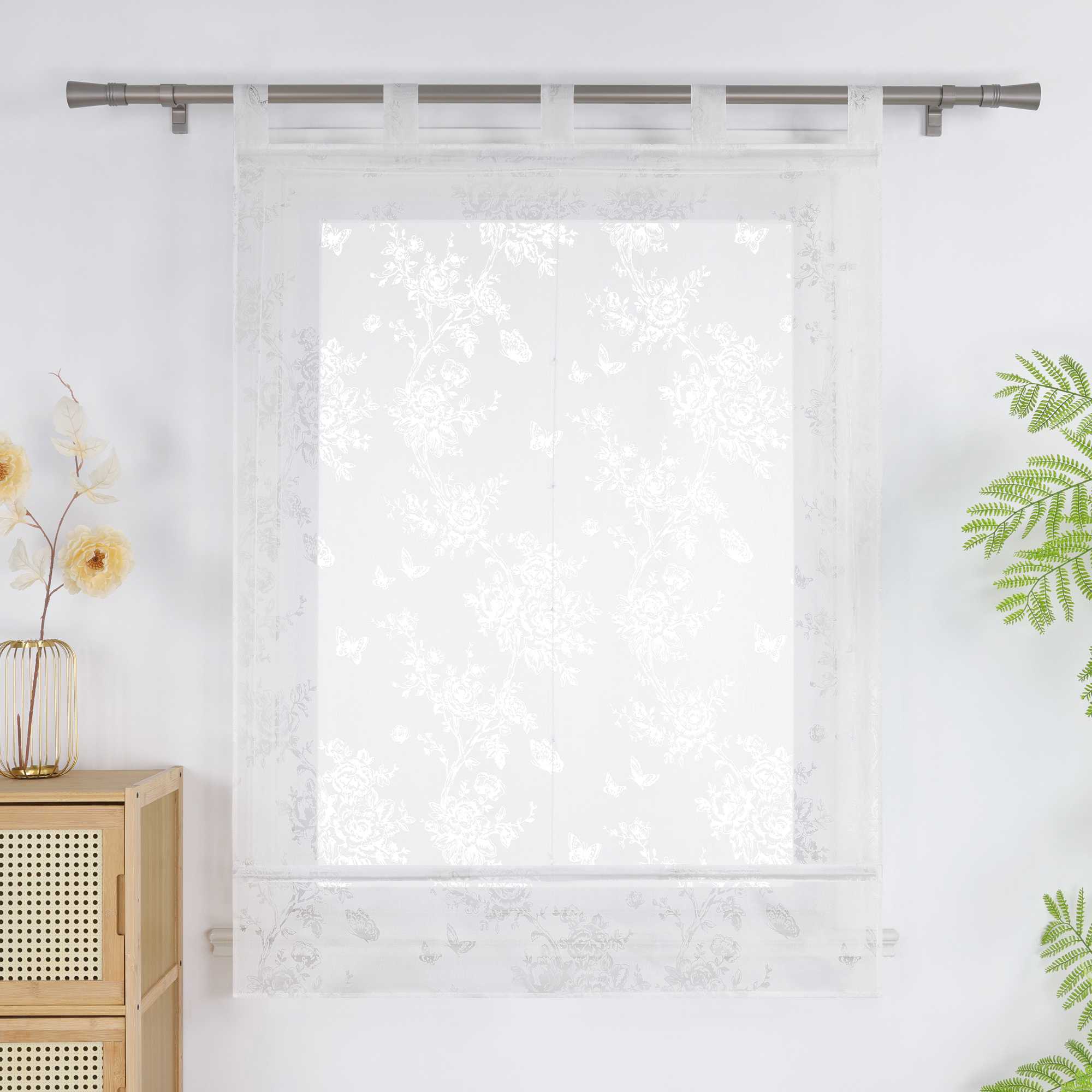 Roman Shade with Rose Pattern & Tab-Top Hanging - White, W x H 60 x 140cm