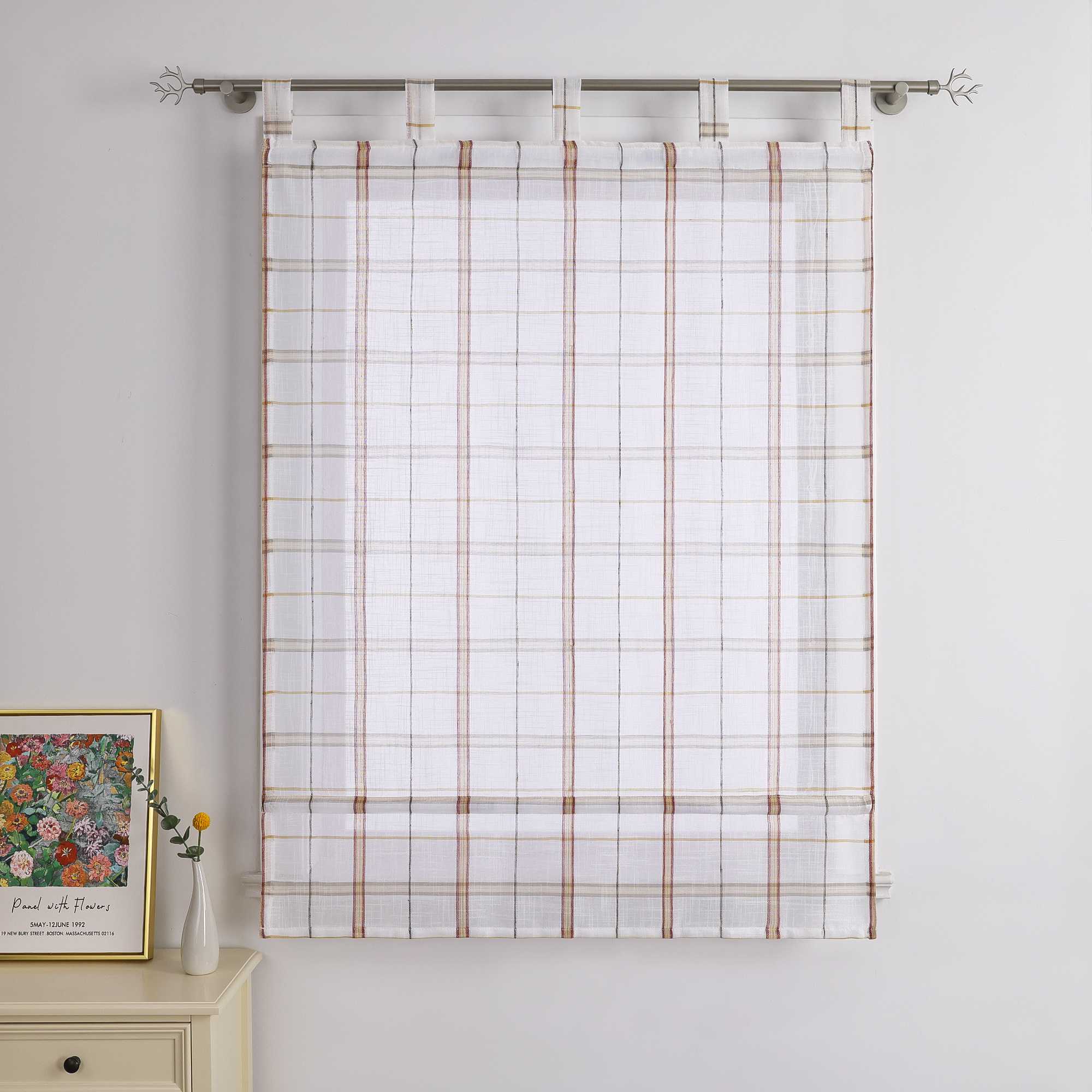 Roman Shade in Linen-Look Fabric Country Style Checked Semi-Sheer - Green, W x H 100 x 140 cm