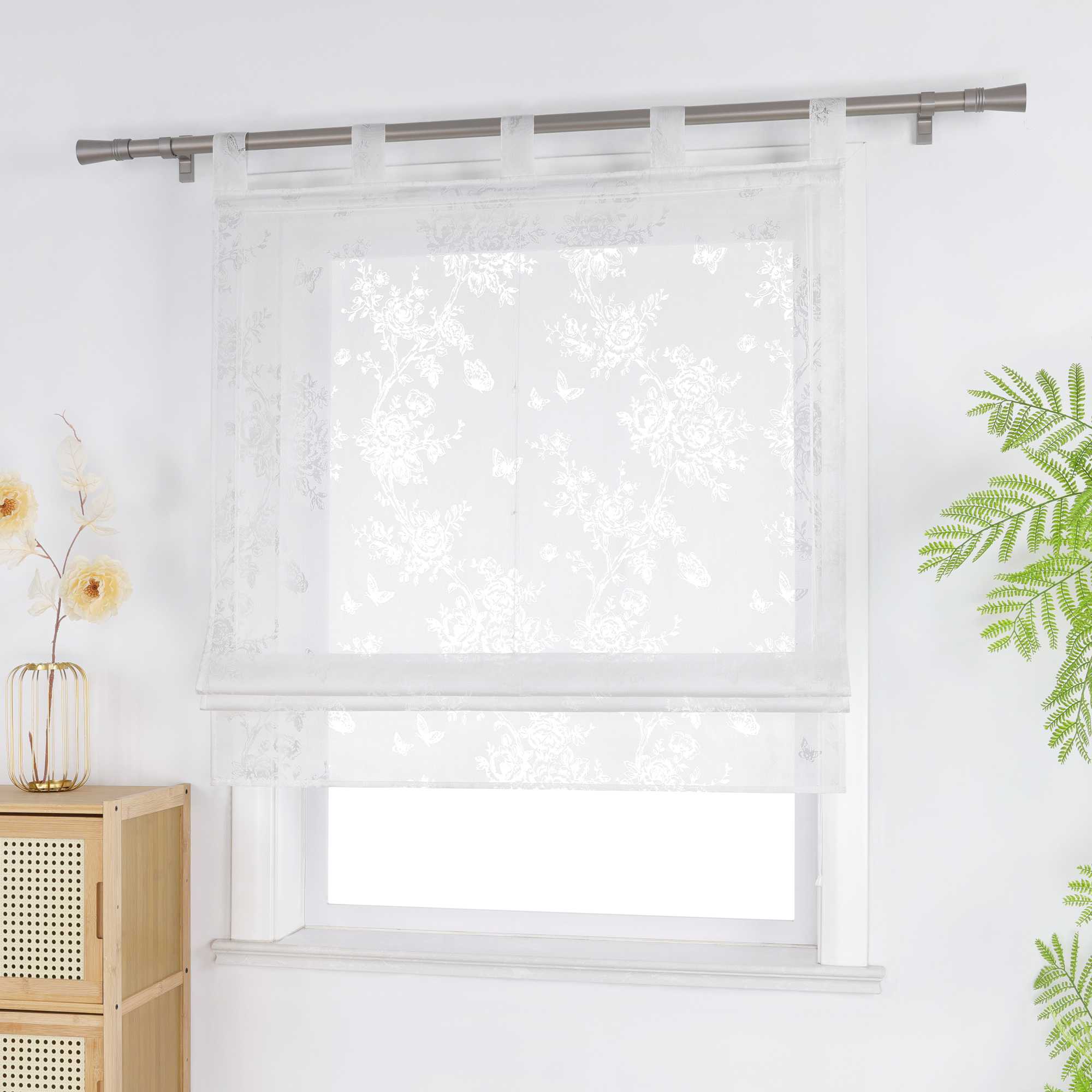 Roman Shade with Rose Pattern & Tab-Top Hanging - White, W x H 100 x 140cm