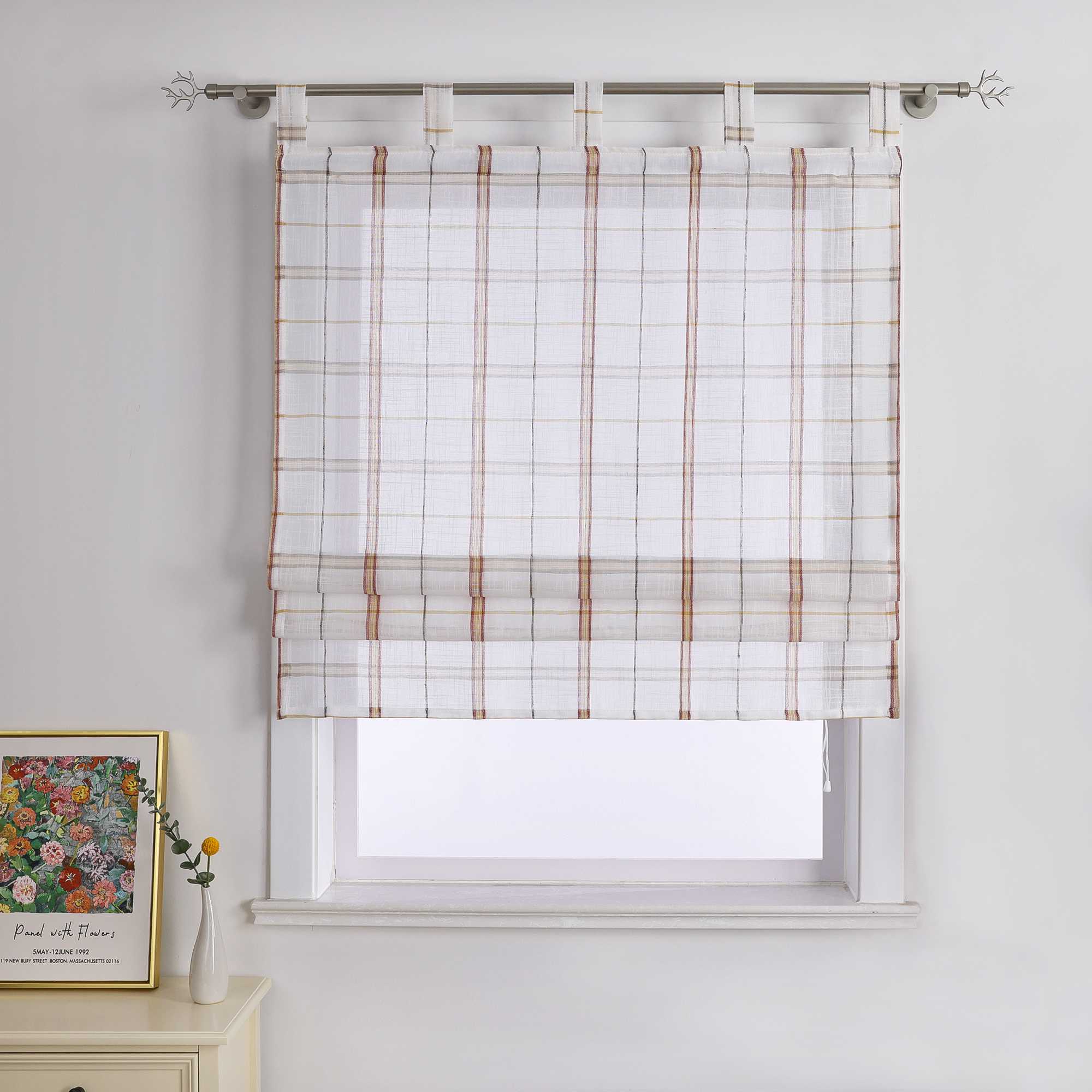 Roman Shade in Linen-Look Fabric Country Style Checked Semi-Sheer - Green, W x H 60 x 140 cm