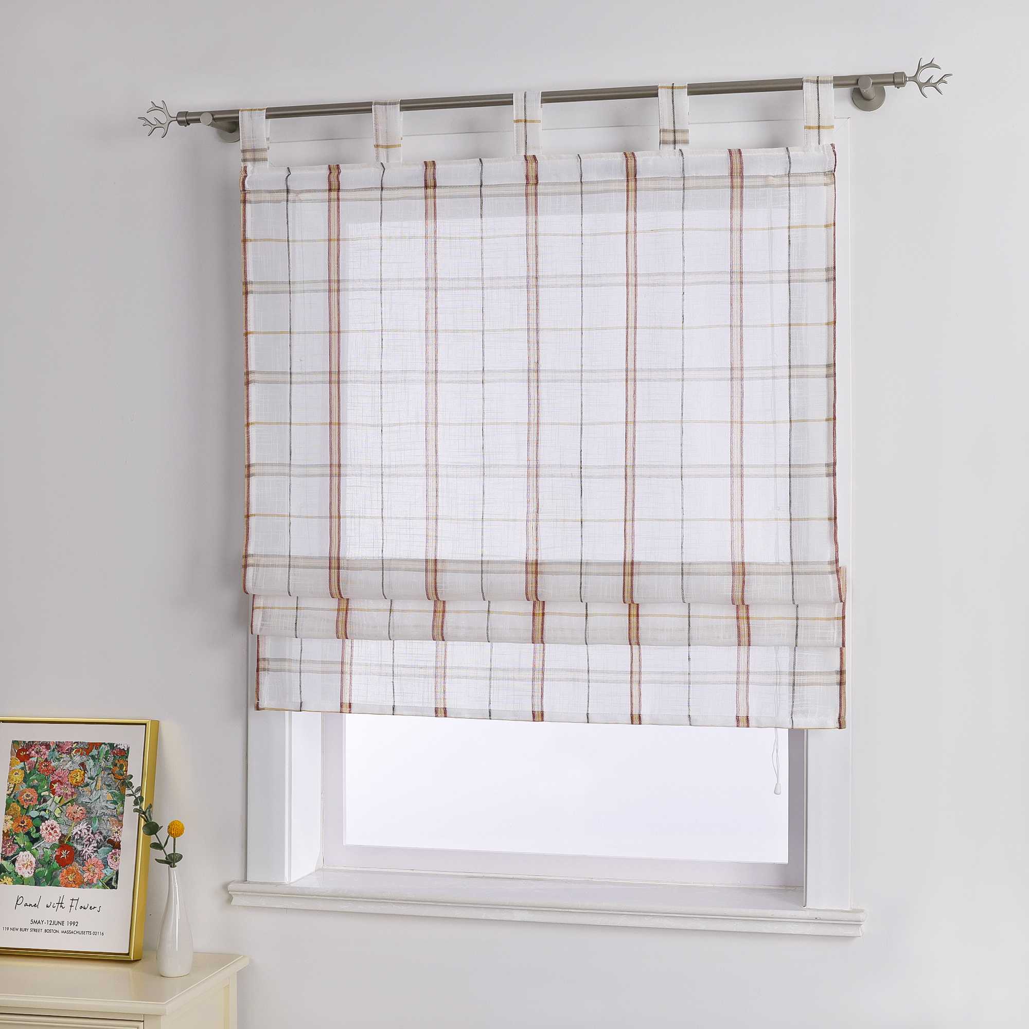 Roman Shade in Linen-Look Fabric Country Style Checked Semi-Sheer - Green, W x H 80 x 140 cm