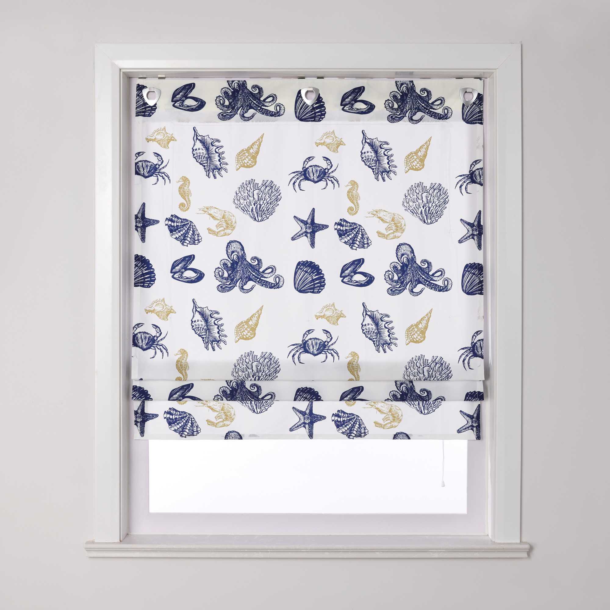 Roman Shade with U-Hooks with Sea-Life Pattern and Decorative Folds Semi-Sheer - Multicolor, W x H 60 x 140cm