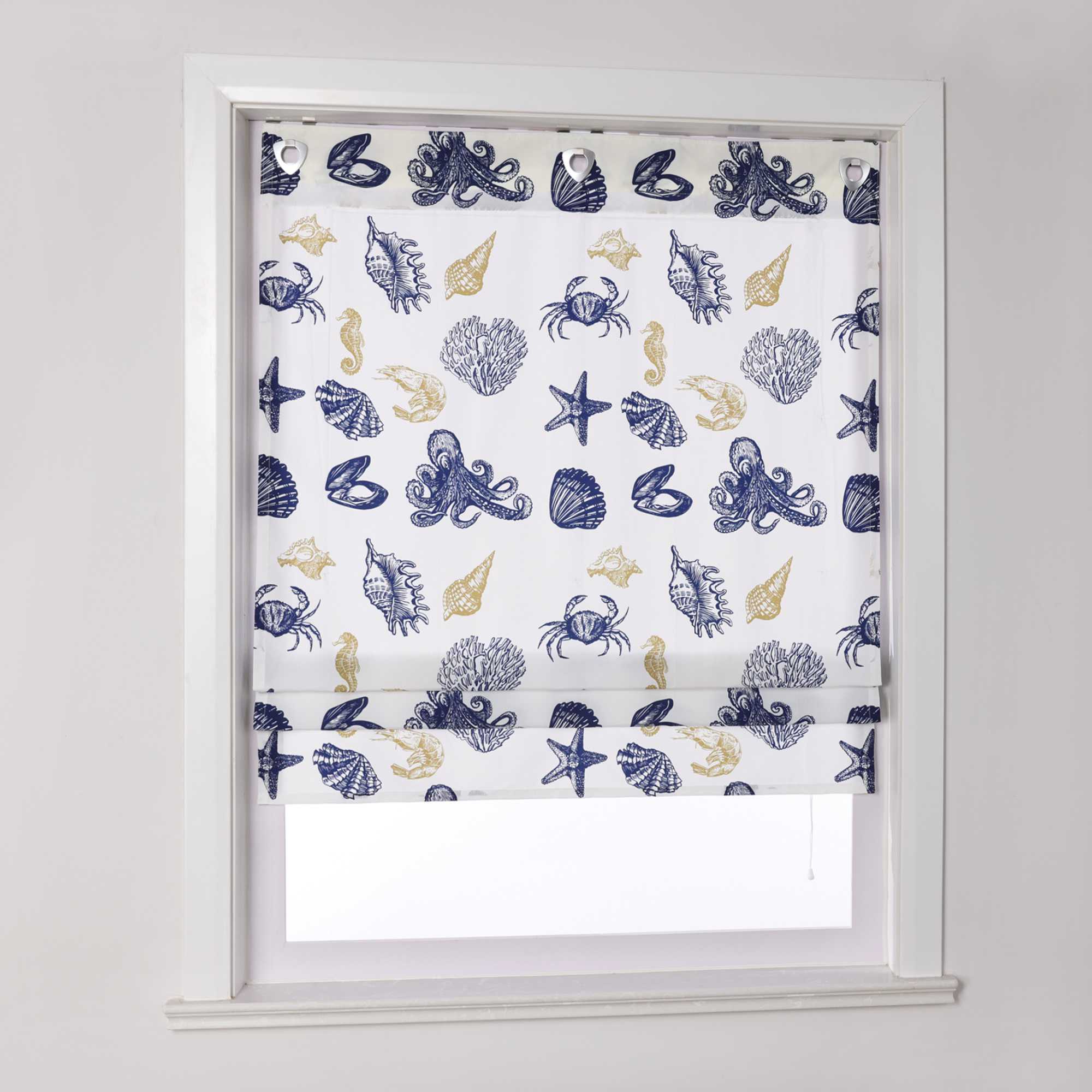 Roman Shade with U-Hooks with Sea-Life Pattern and Decorative Folds Semi-Sheer - Multicolor, W x H 80 x 140cm