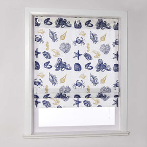 Roman Shade with U-Hooks with Sea-Life Pattern and Decorative Folds Semi-Sheer - Multicolor, W x H 80 x 140cm