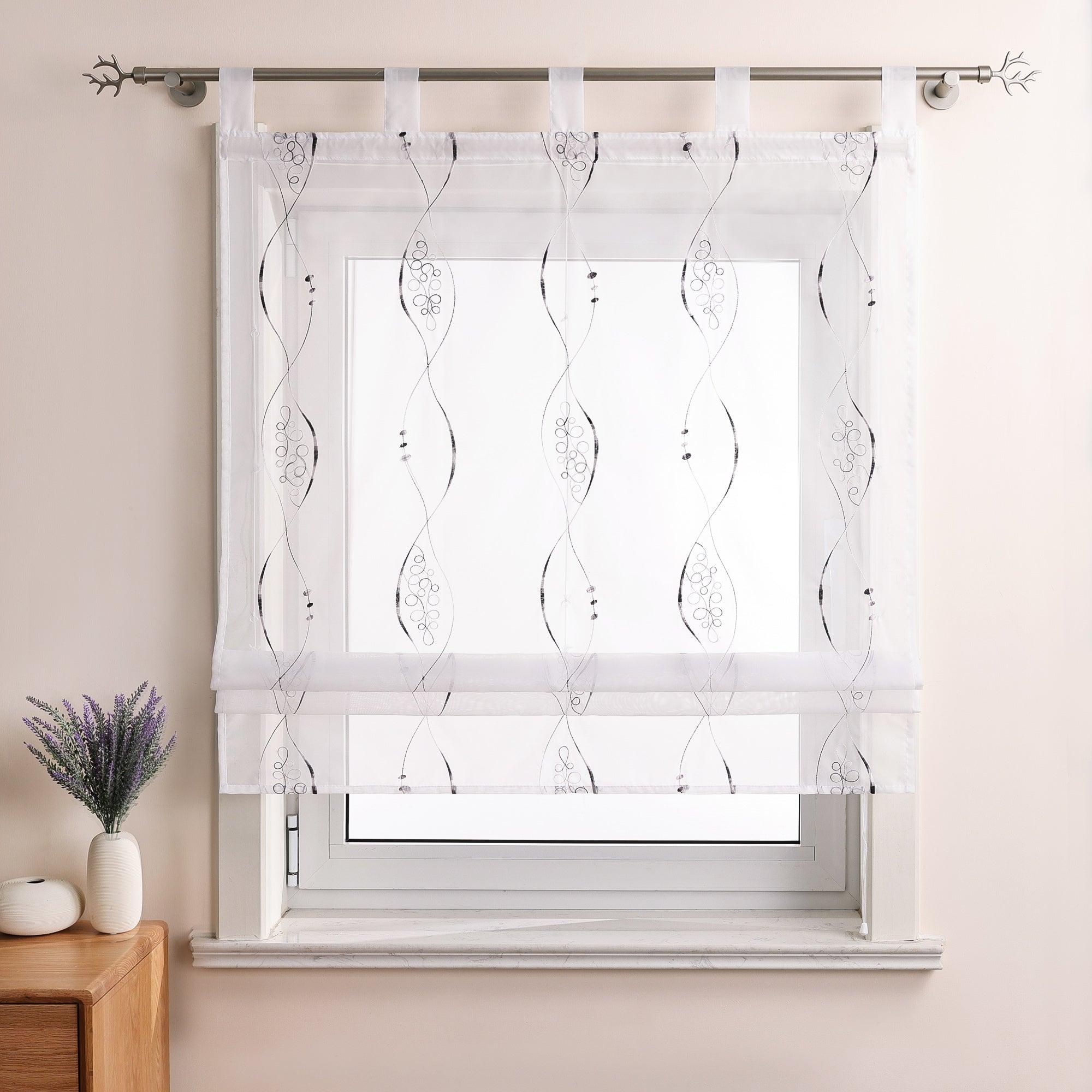 Roman Shade with Tab-Top Hanging with Line-Pattern Embroidery Sheer 1 Piece - Gray, W x H 60 x 140cm